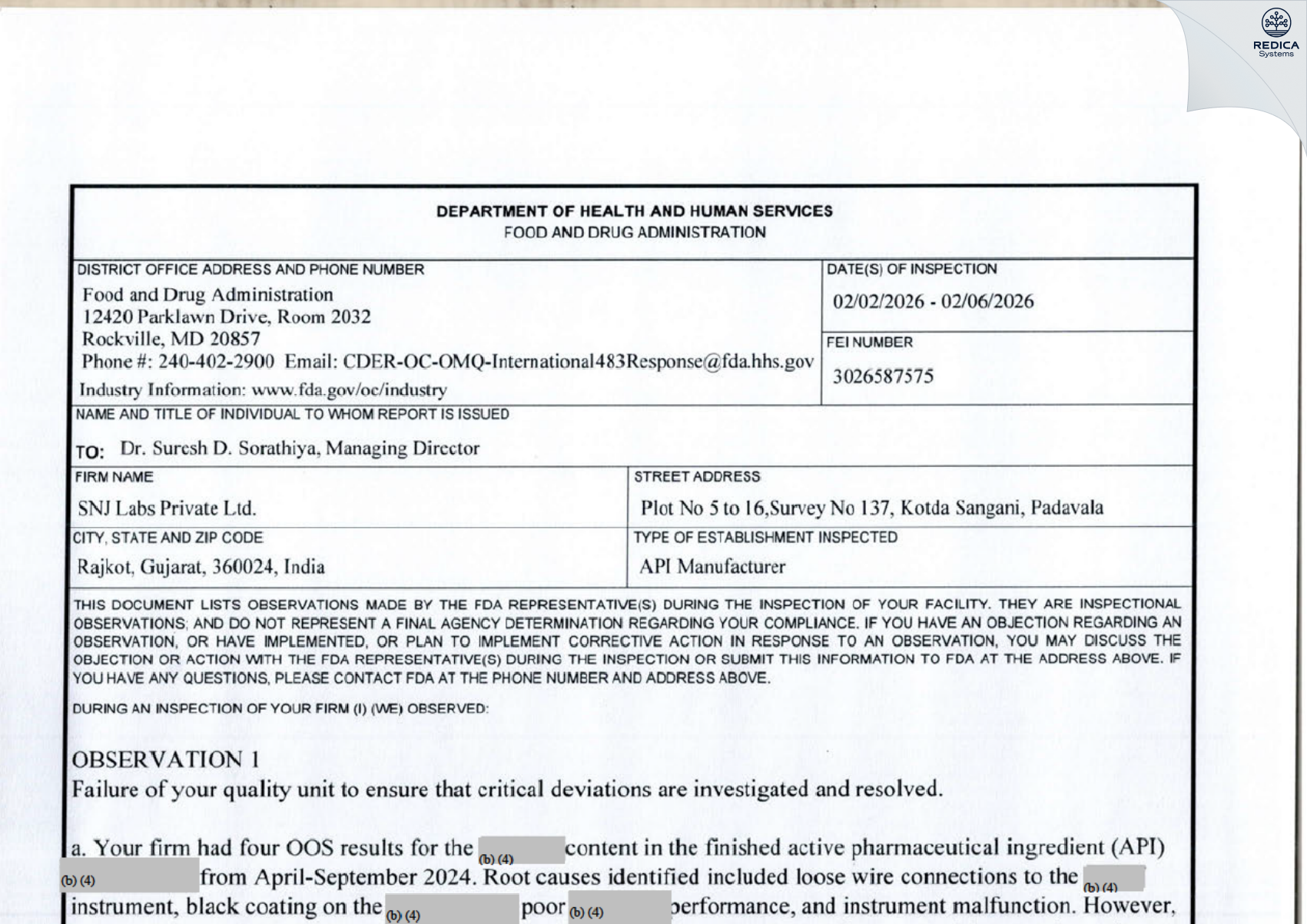 FDA 483 - SNJ Labs Pvt. Ltd. [Kotda Sangani / India] - Download PDF - Redica Systems