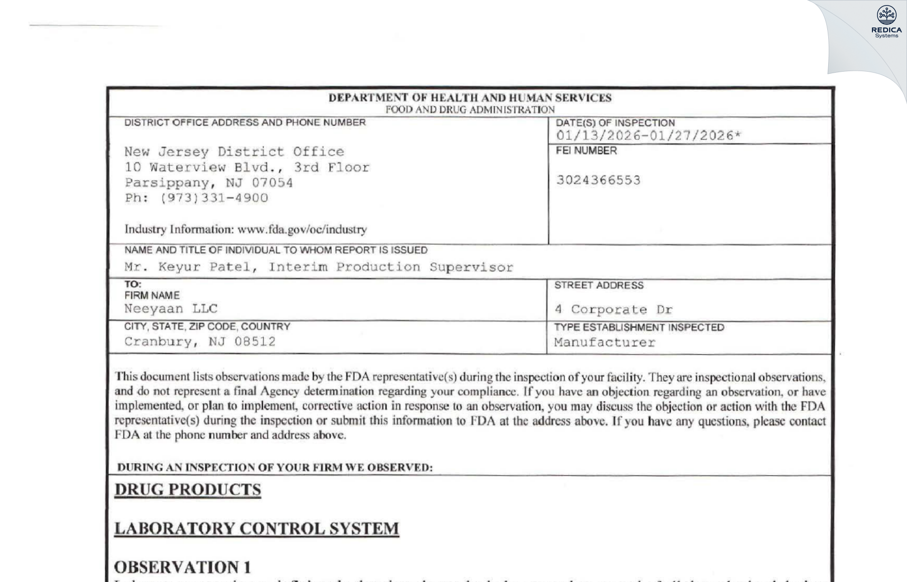 FDA 483 - Neeyaan, LLC [Cranbury / United States of America] - Download PDF - Redica Systems