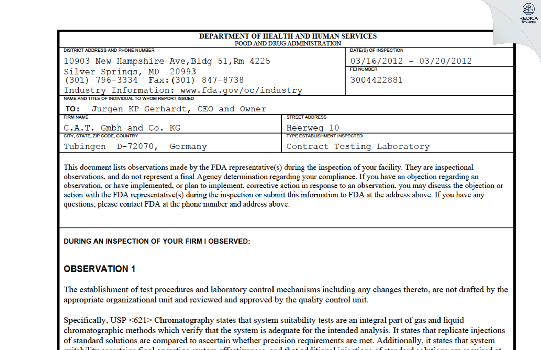 FDA 483 - C.A.T. GmbH & Co. Chromatographie und Analysentechnik KG [Tübingen / Germany] - Download PDF - Redica Systems