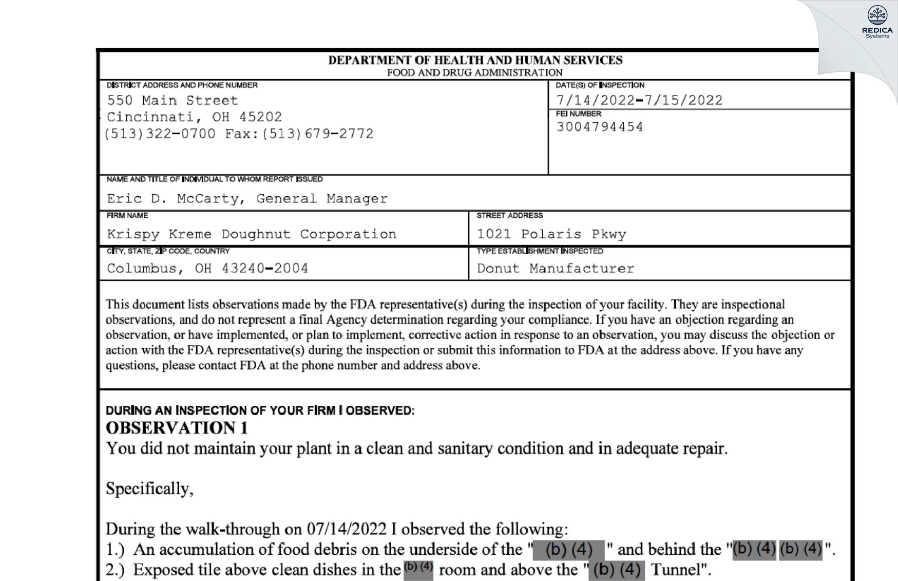 FDA 483 - Krispy Kreme Doughnut Corporation [Columbus / United States of America] - Download PDF - Redica Systems