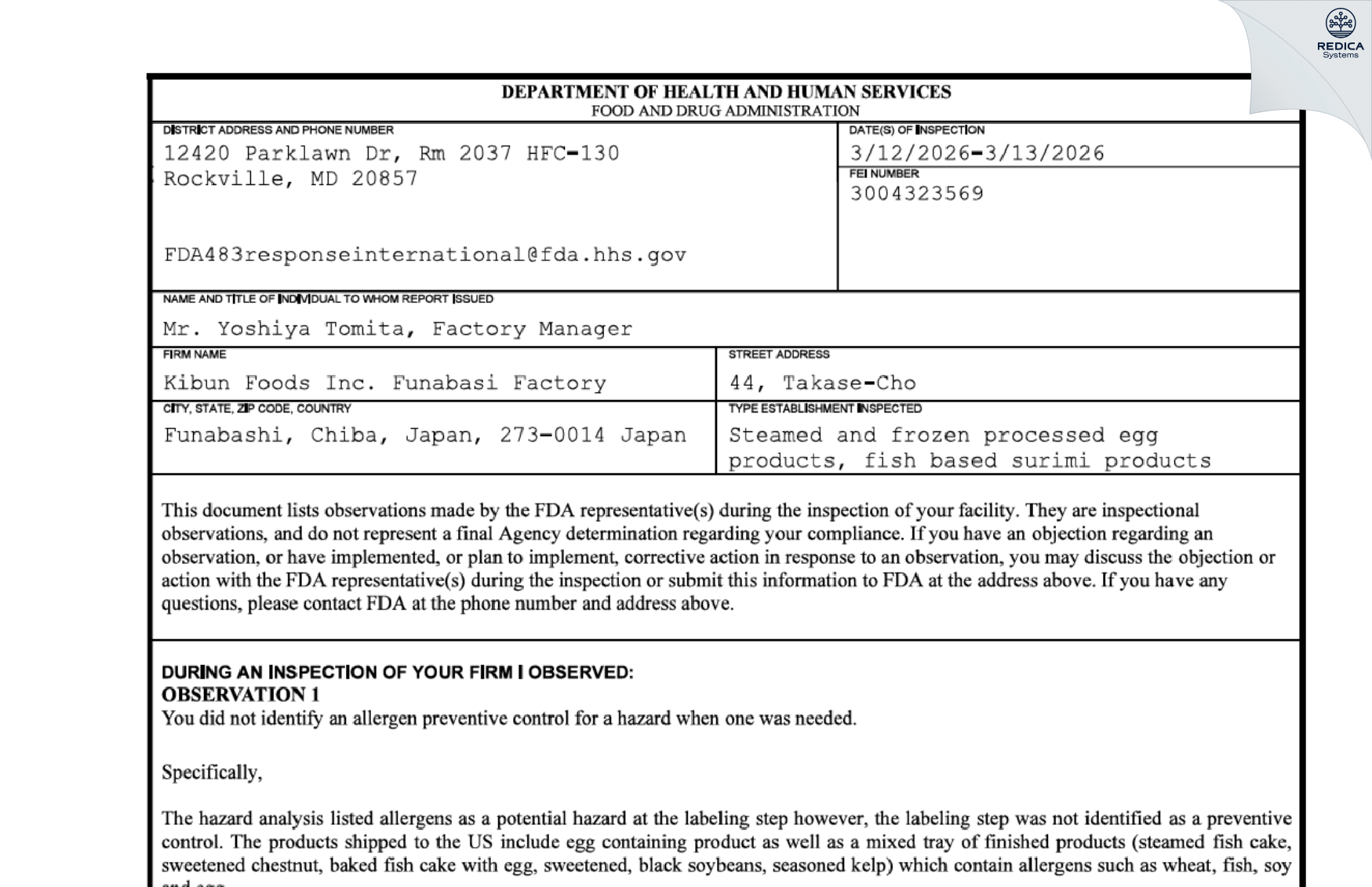 FDA 483 - Kibun Foods Inc. Funabasi Factory [Chiba / Japan] - Download PDF - Redica Systems