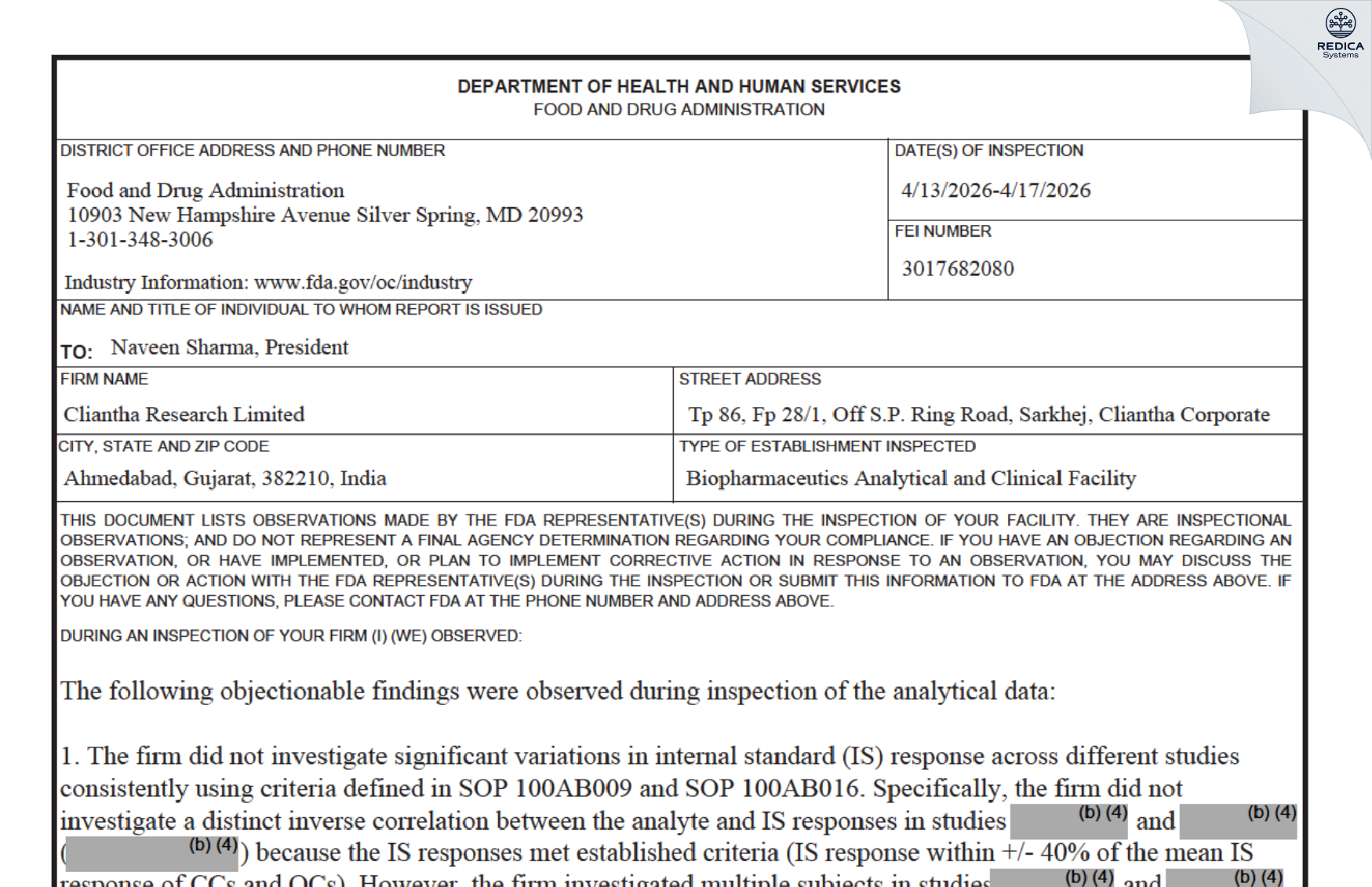 FDA 483 - Cliantha Research Limited [Ahmedabad / India] - Download PDF - Redica Systems