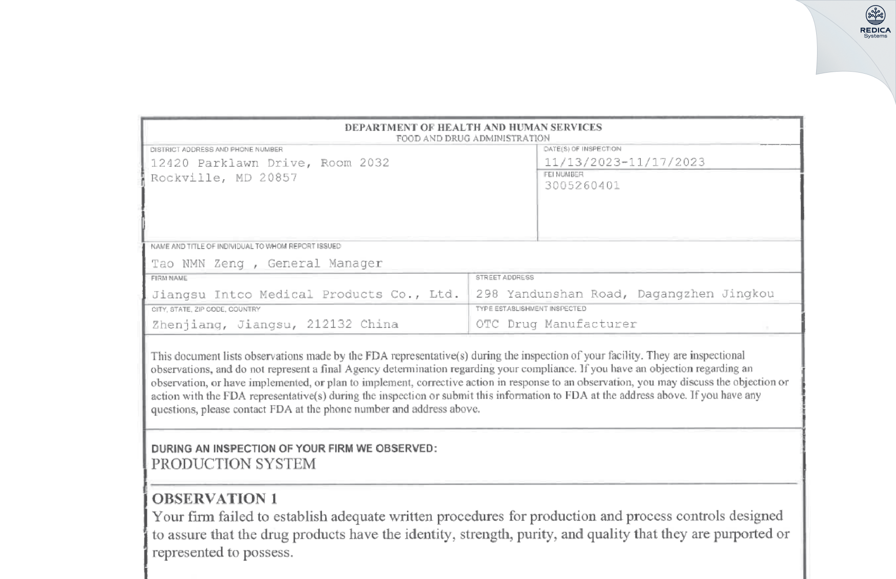 FDA 483 - Jiangsu Intco Medical Products Co Ltd [Chinkiang / China] - Download PDF - Redica Systems