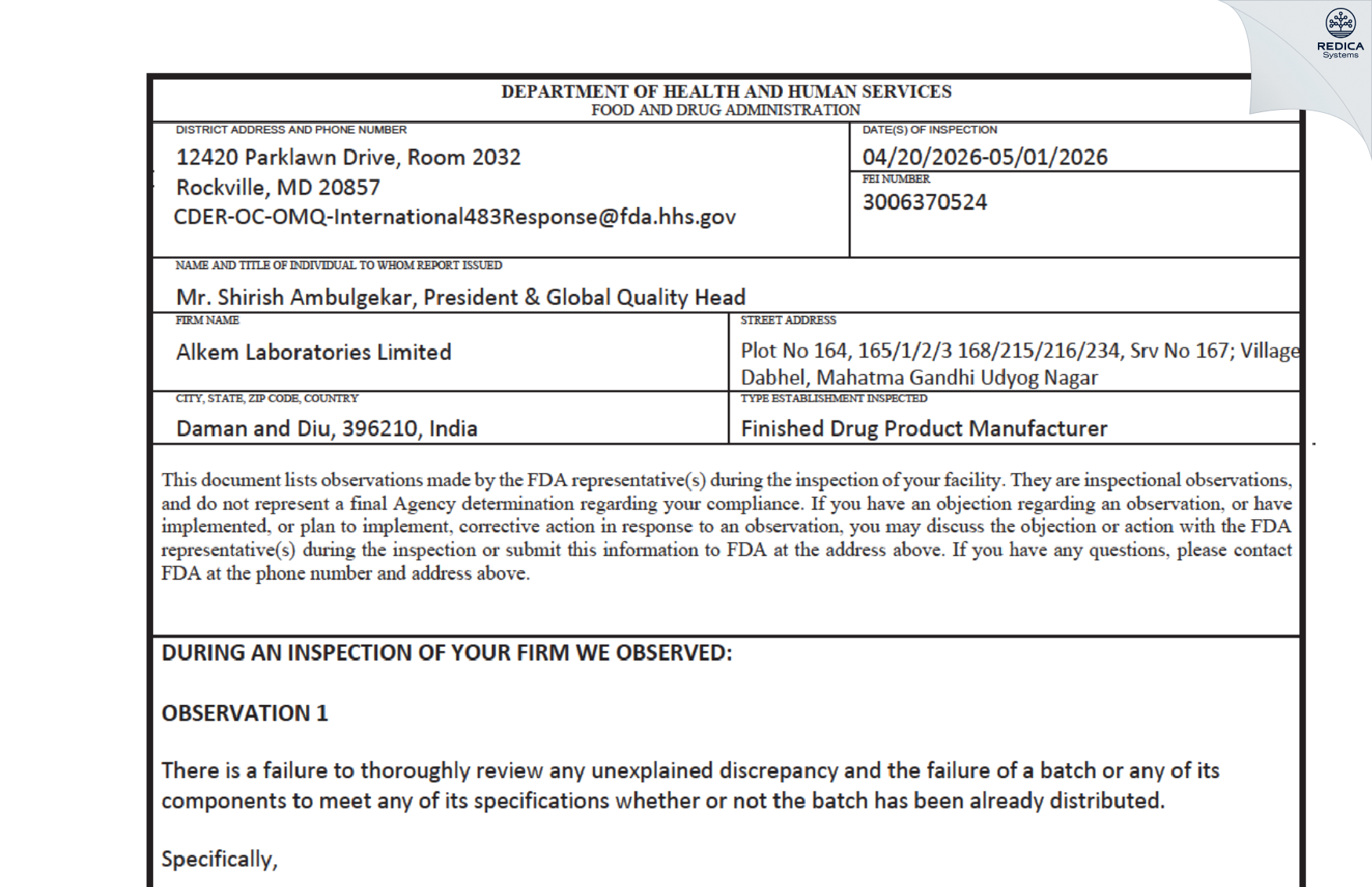 FDA 483 - Alkem Laboratories Limited [Daman / India] - Download PDF - Redica Systems