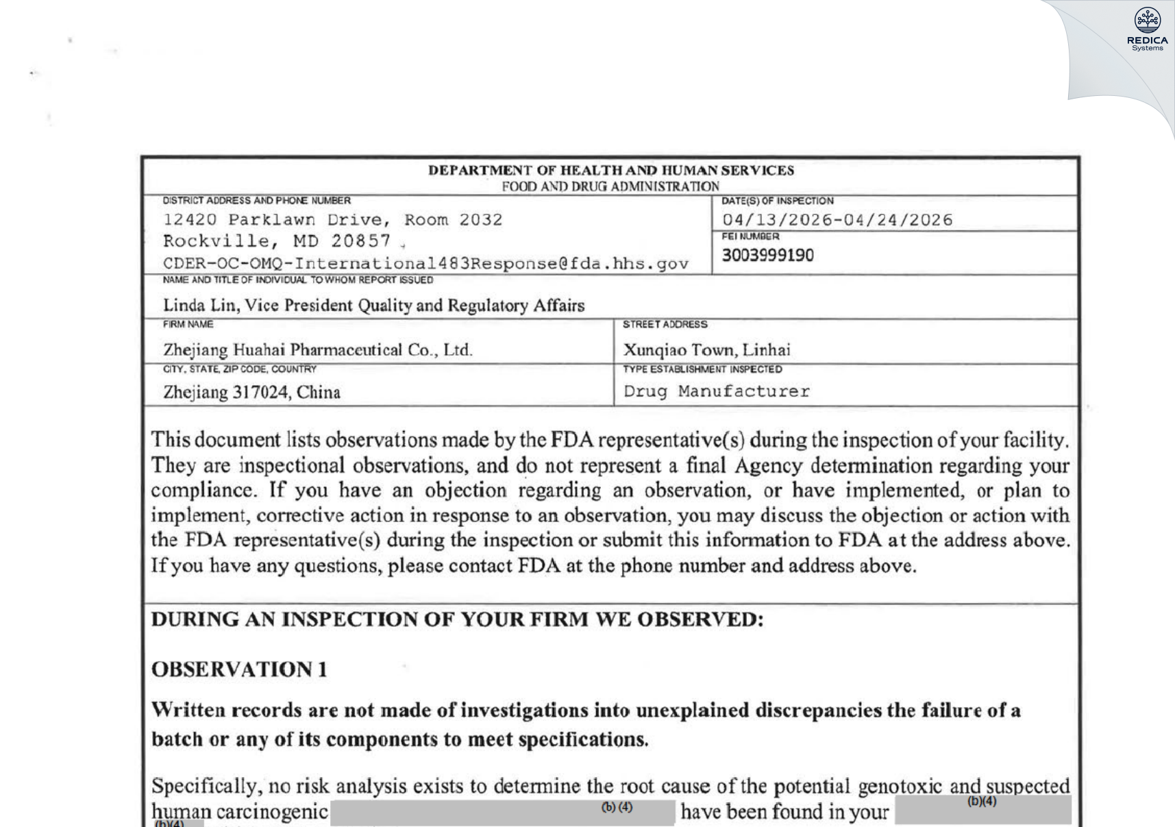 FDA 483 - Zhejiang Huahai Pharmaceutical Co., Ltd. [Linhai / China] - Download PDF - Redica Systems
