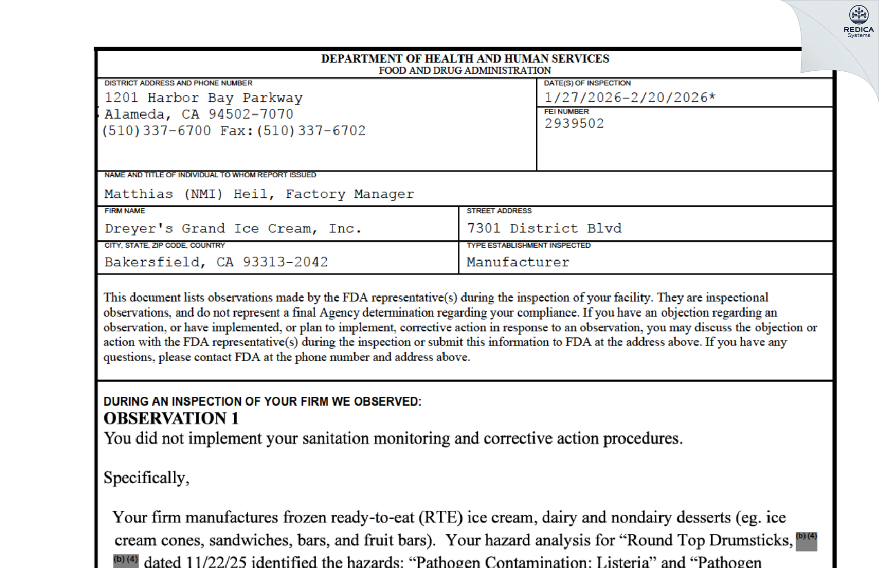 FDA 483 - Dreyer's Grand Ice Cream , Inc. [Bakersfield / United States of America] - Download PDF - Redica Systems