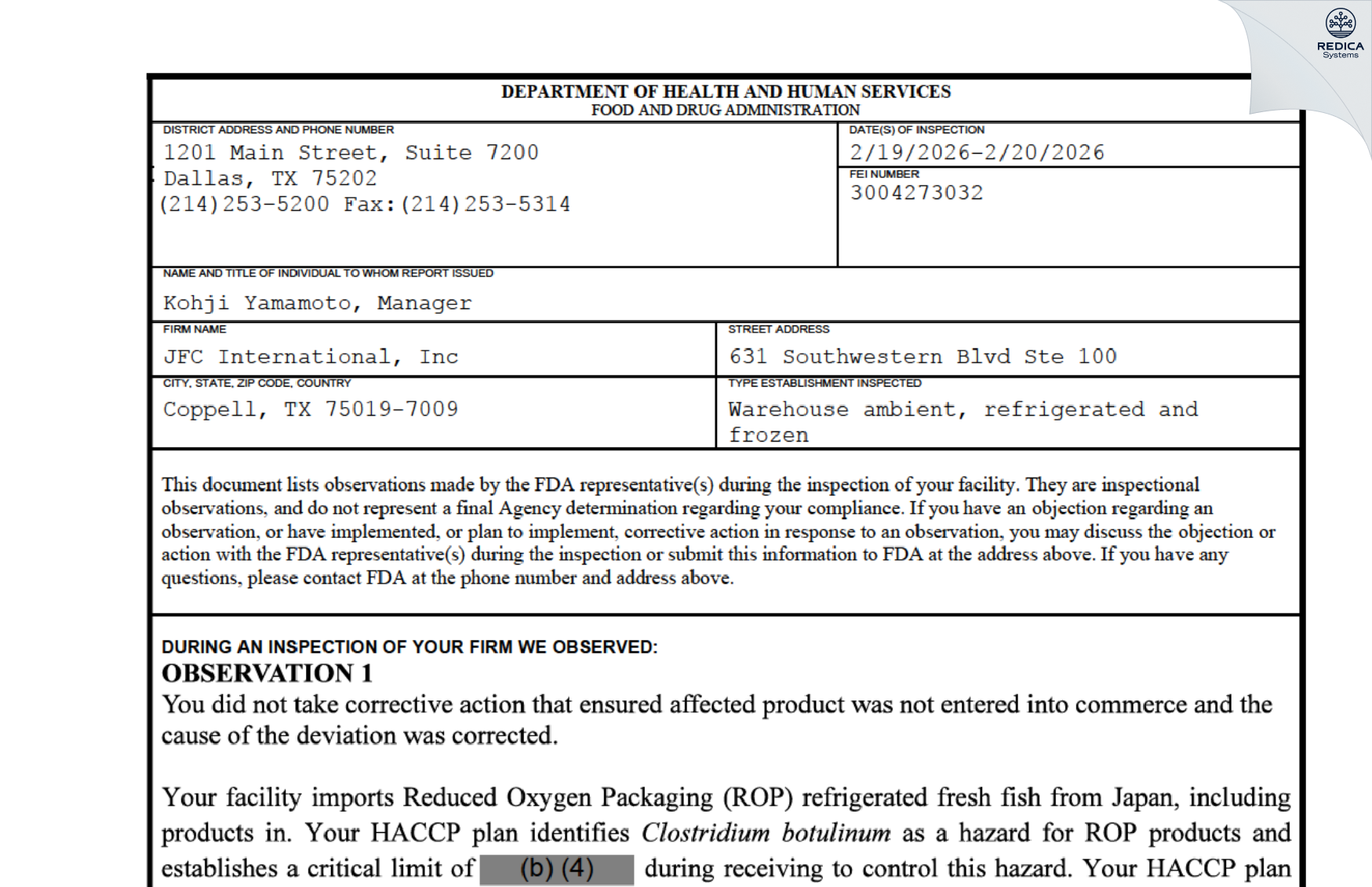 FDA 483 - JFC International, Inc [Coppell / United States of America] - Download PDF - Redica Systems