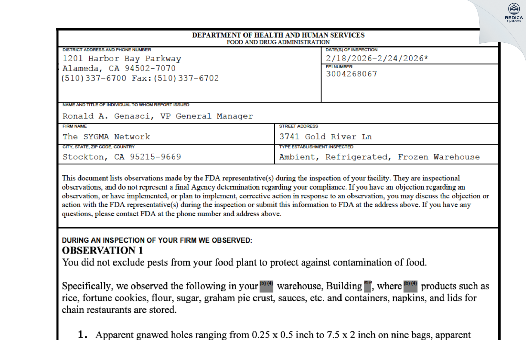 FDA 483 - The SYGMA Network [Stockton / United States of America] - Download PDF - Redica Systems