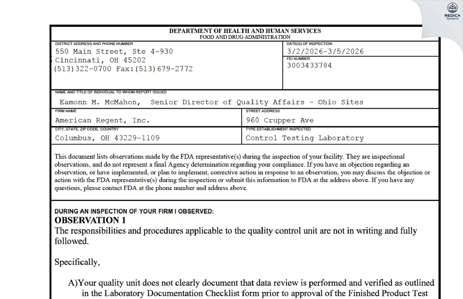 FDA 483 - American Regent, Inc. [Columbus / United States of America] - Download PDF - Redica Systems