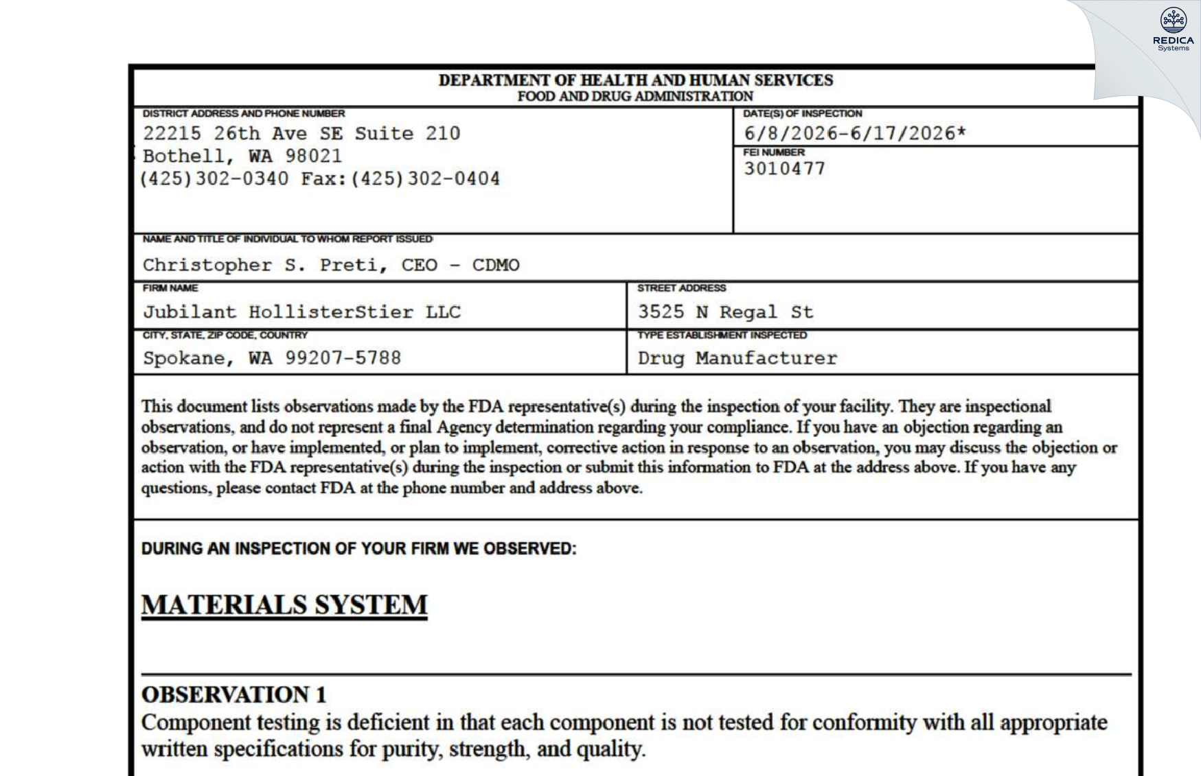 FDA 483 - Jubilant HollisterStier LLC [Spokane / United States of America] - Download PDF - Redica Systems
