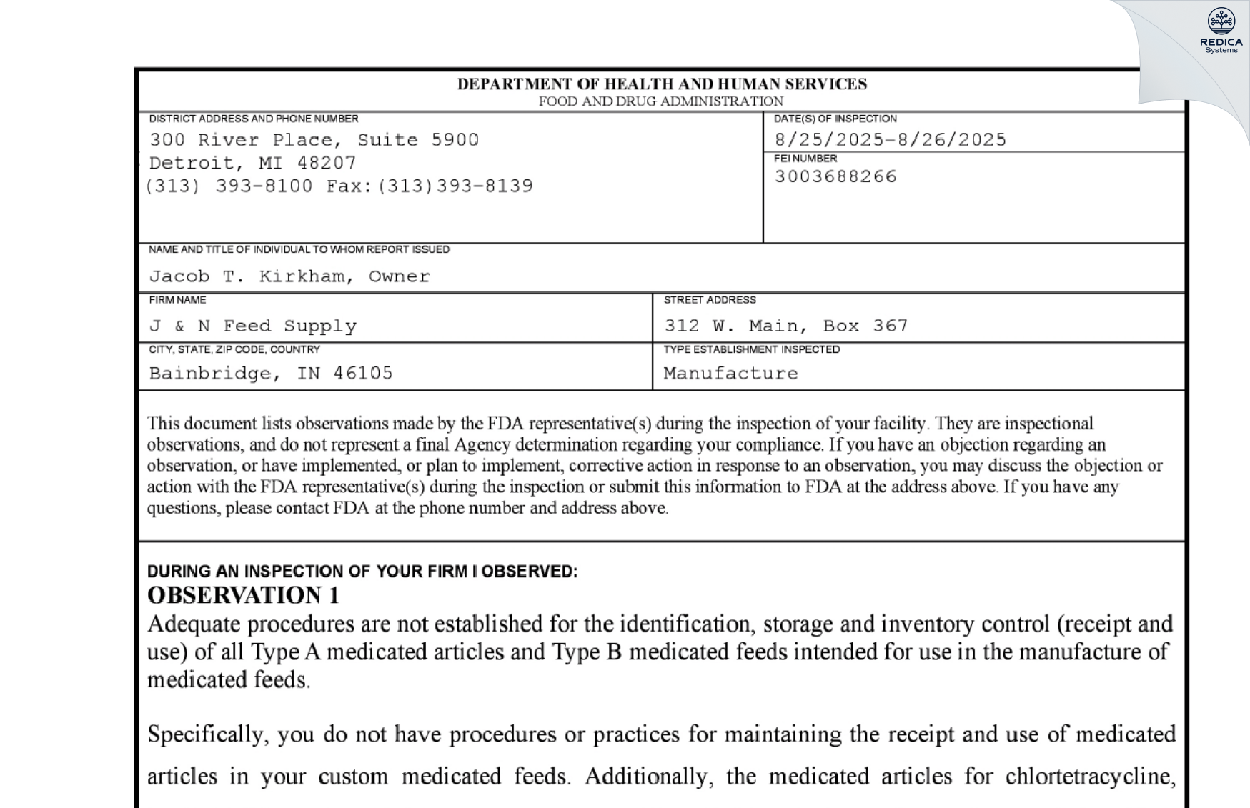 FDA 483 - J & N Farm Supply [Bainbridge / United States of America] - Download PDF - Redica Systems