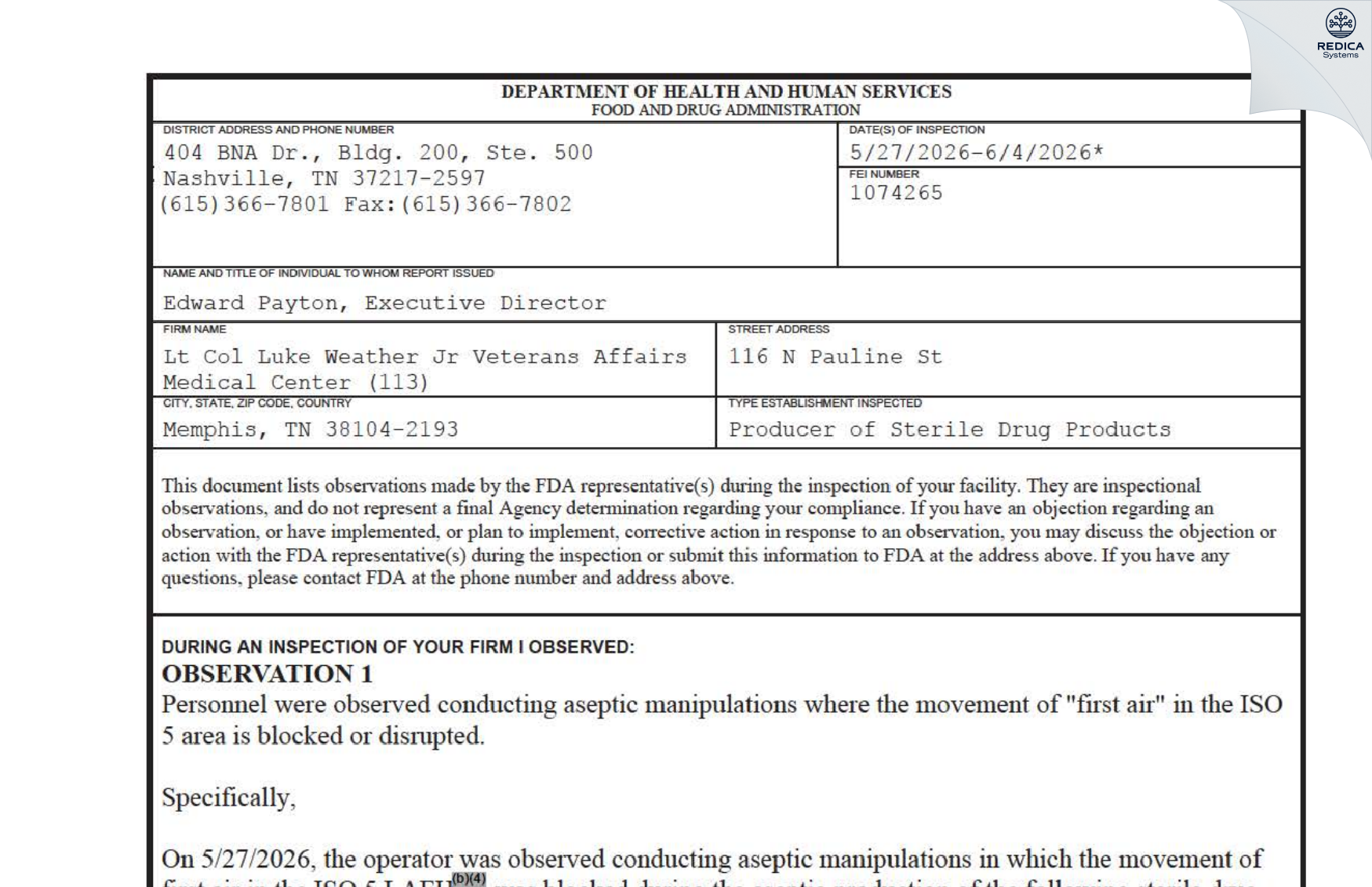 FDA 483 - Lt Col Luke Weather Jr Veterans Affairs Medical Center (113) [Memphis / United States of America] - Download PDF - Redica Systems