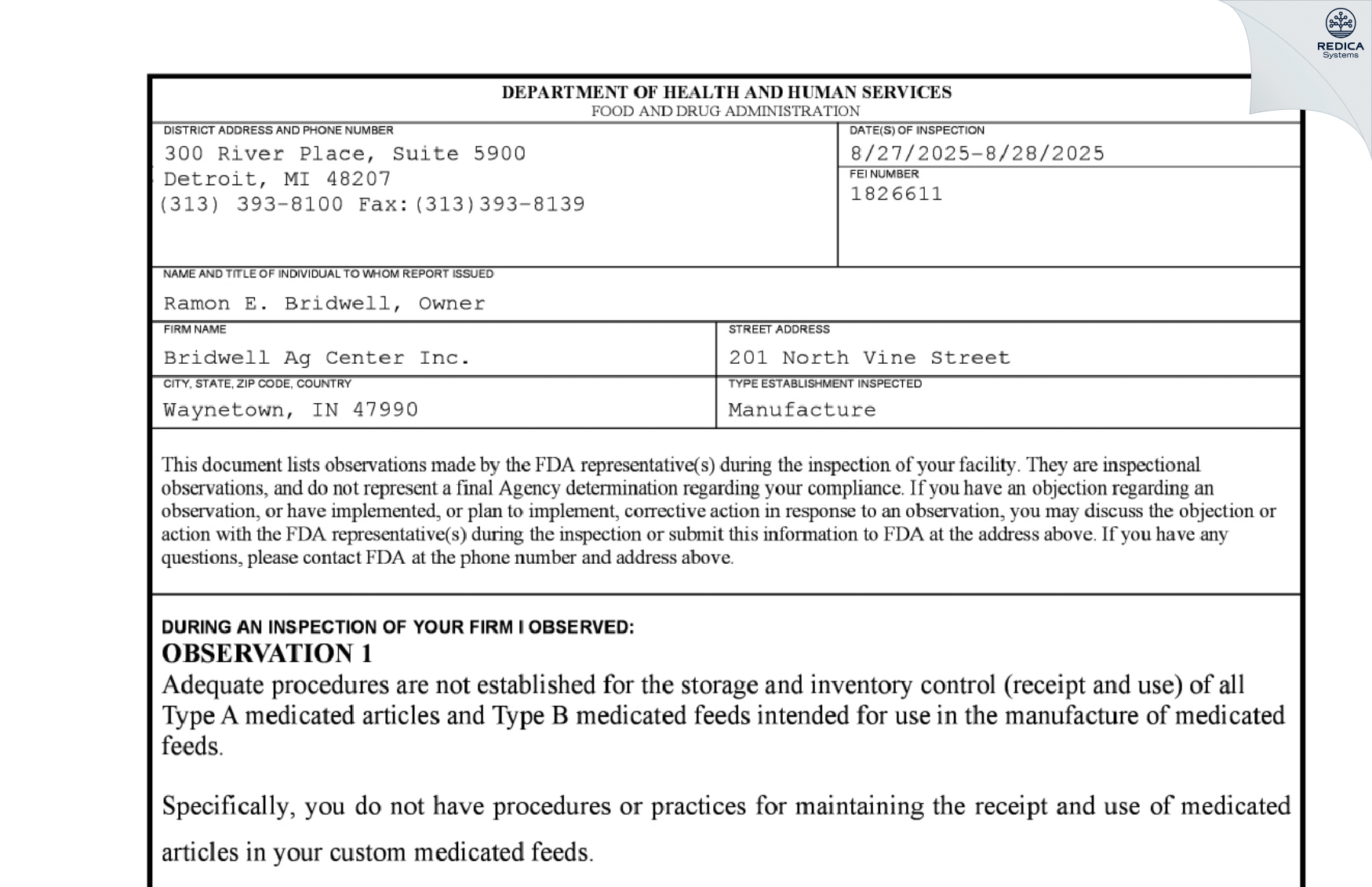 FDA 483 - Waynetown Ag Center Inc. [Waynetown / United States of America] - Download PDF - Redica Systems