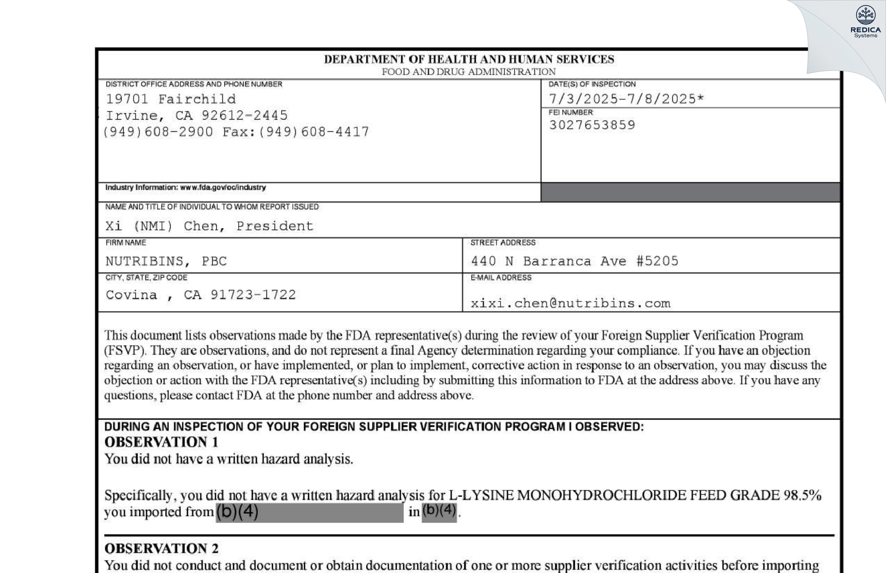 FDA 483 - NUTRIBINS, PBC [Covina / United States of America] - Download PDF - Redica Systems