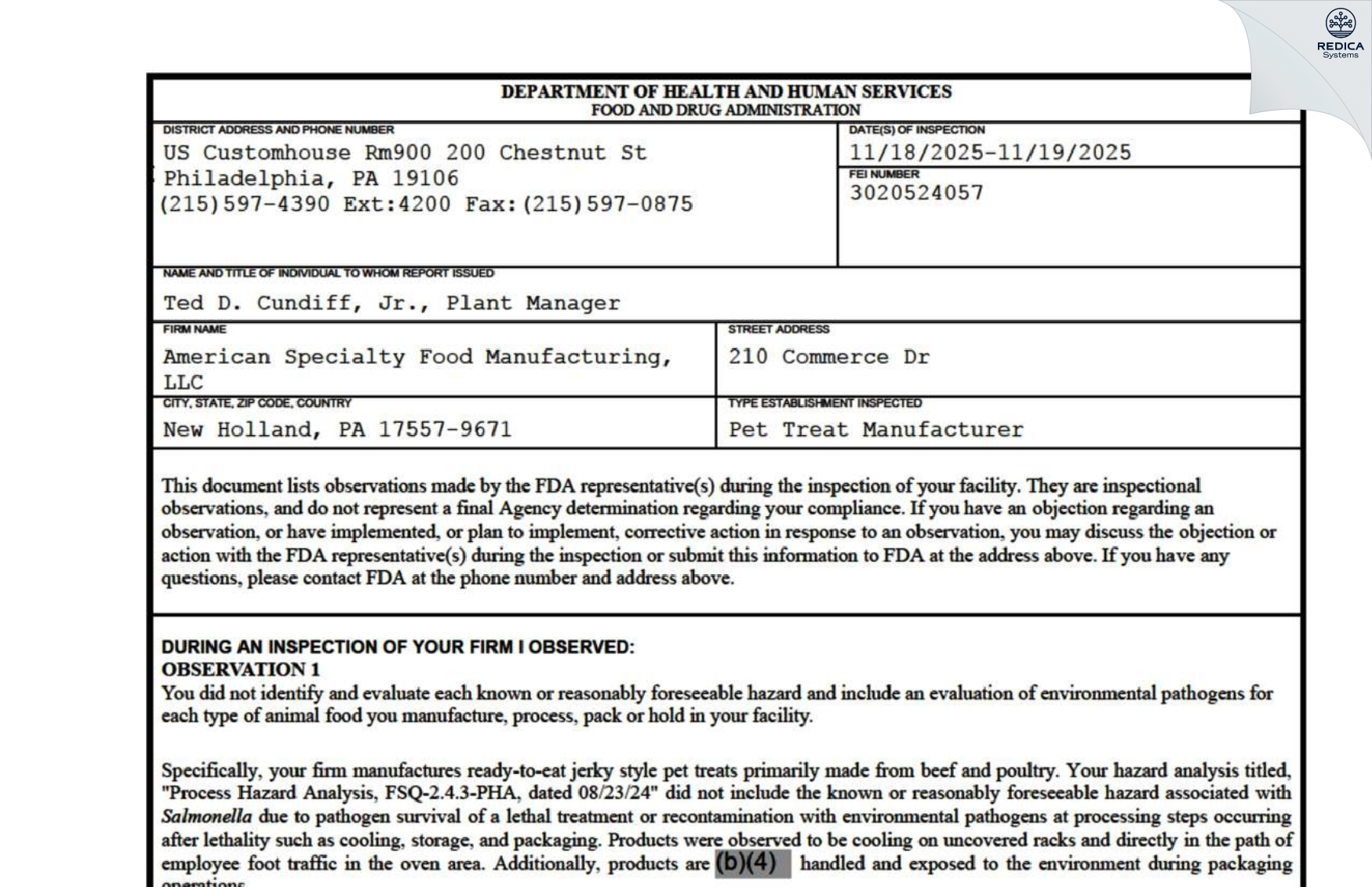 FDA 483 - American Specialty Food Manufacturing, LLC [New Holland / United States of America] - Download PDF - Redica Systems