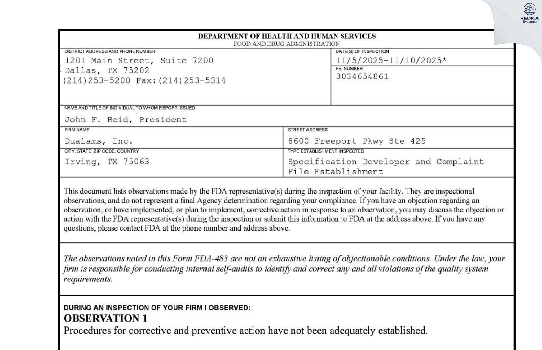 FDA 483 - DUALAMS,INC. DBA AIRKOR(R) [Dallas / United States of America] - Download PDF - Redica Systems