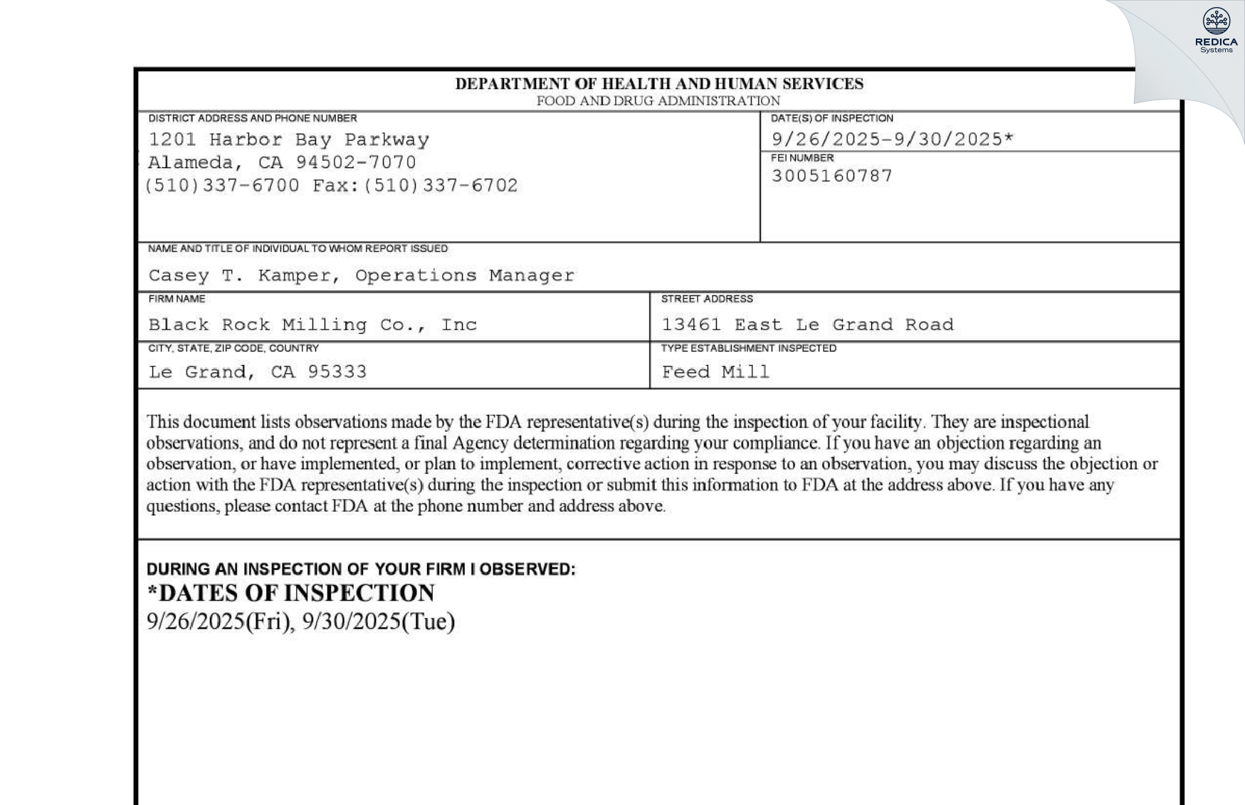 FDA 483 - Black Rock Milling Co., Inc [Le Grand / United States of America] - Download PDF - Redica Systems