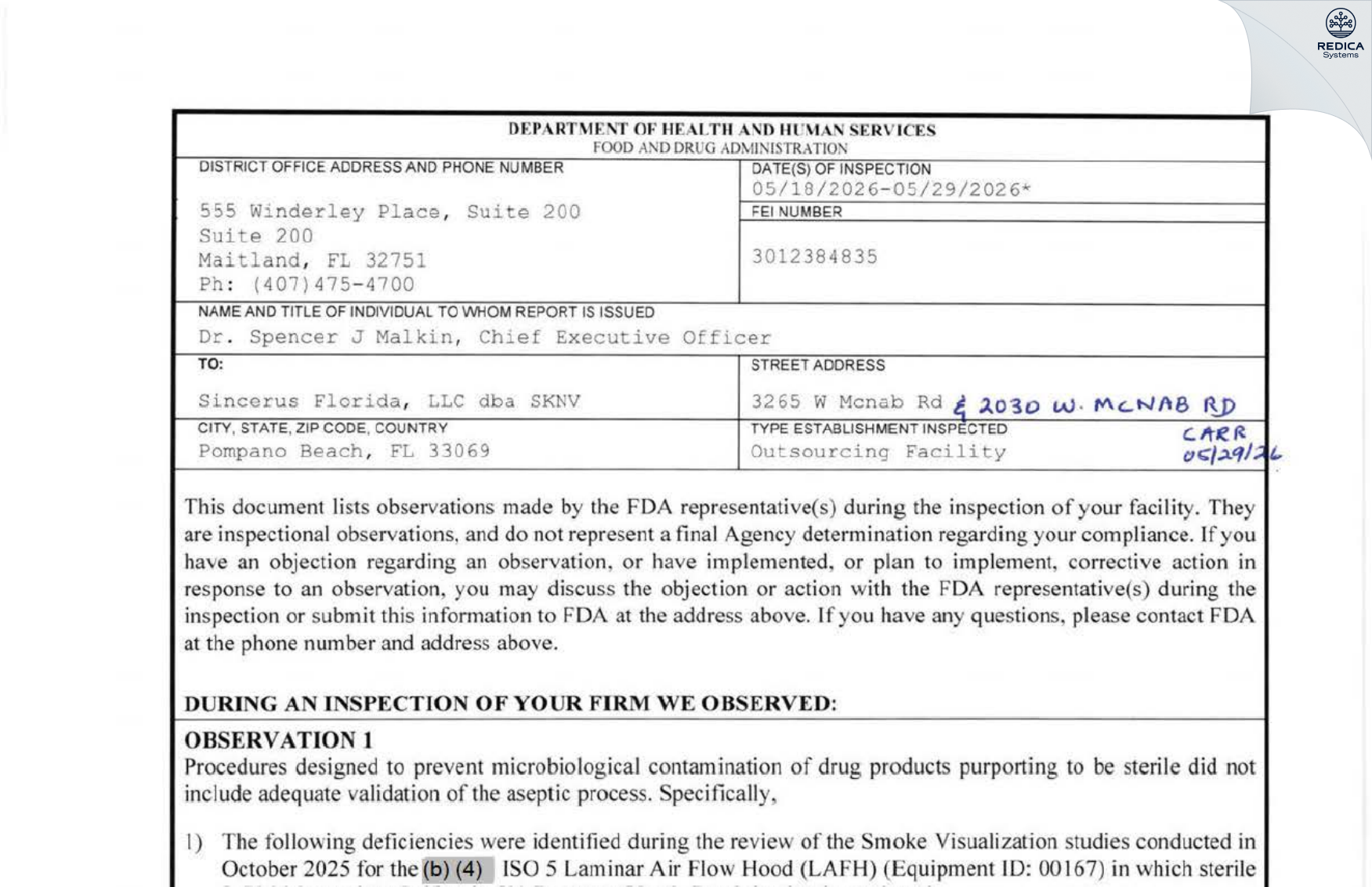 FDA 483 - SKNV [Pompano Beach / United States of America] - Download PDF - Redica Systems