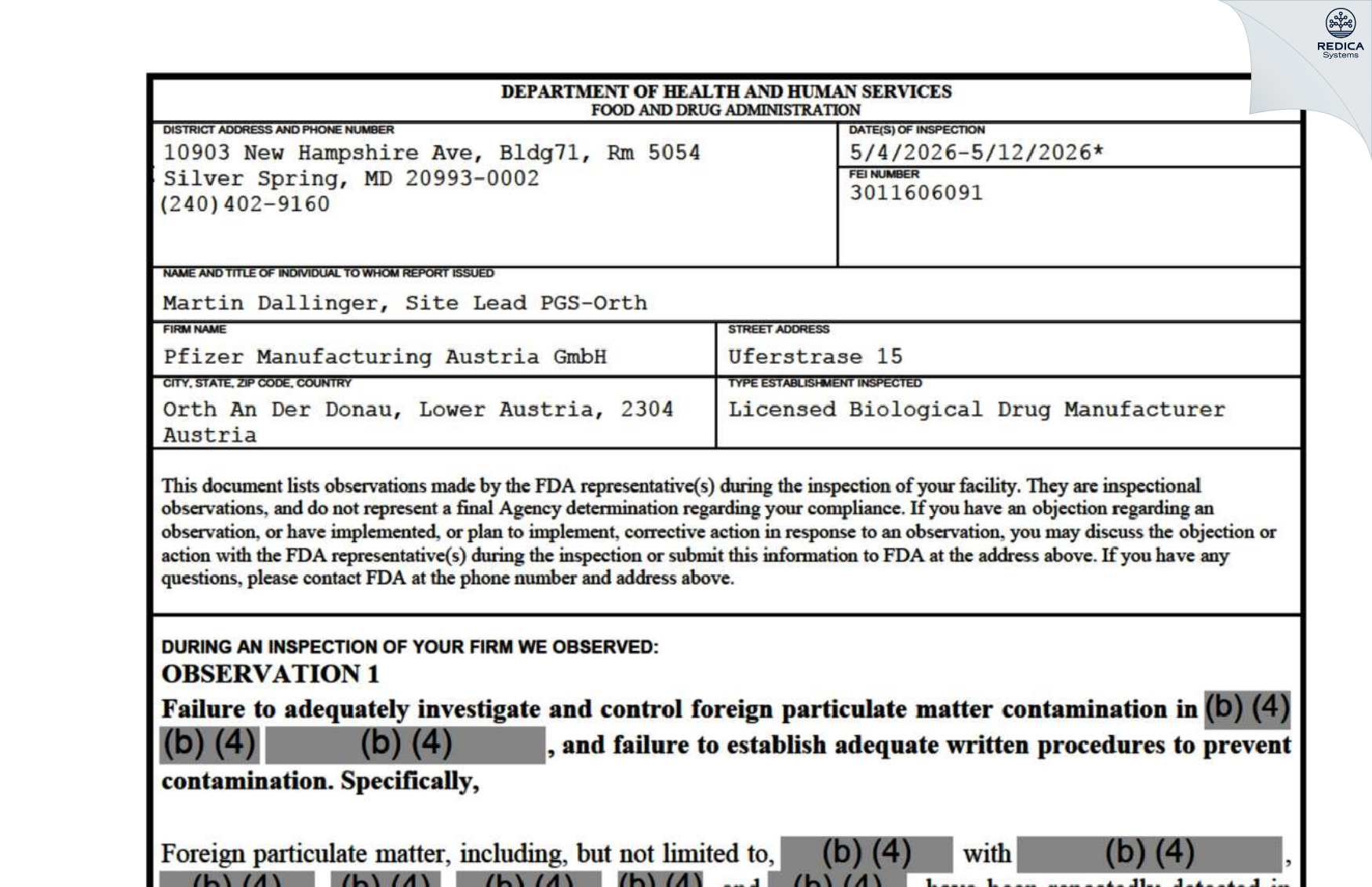 FDA 483 - Pfizer Manufacturing Austria GmbH [Orth An Der Donau / Austria] - Download PDF - Redica Systems