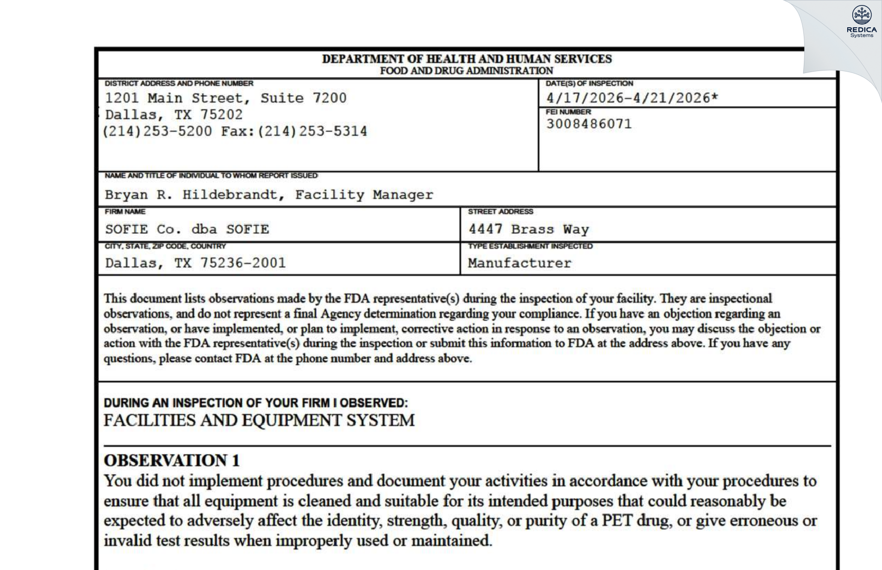 FDA 483 - SOFIE Co. dba SOFIE [Dallas / United States of America] - Download PDF - Redica Systems