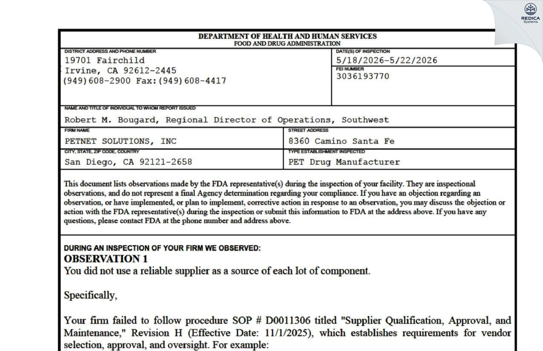 FDA 483 - PETNET SOLUTIONS, INC [San Diego / United States of America] - Download PDF - Redica Systems