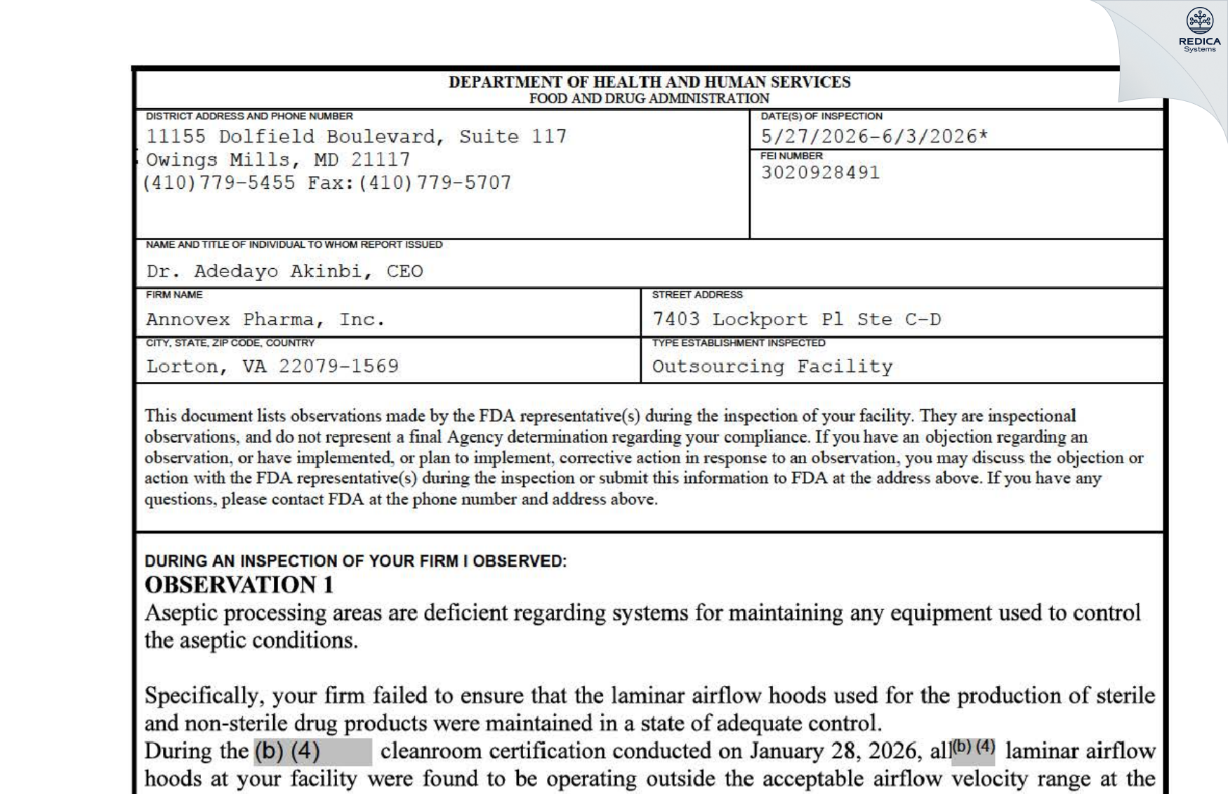 FDA 483 - Annovex Pharma, Inc. [Lorton / United States of America] - Download PDF - Redica Systems
