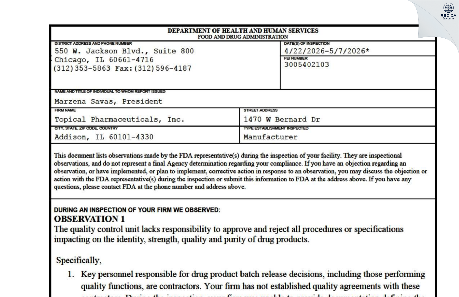 FDA 483 - Topical Pharmaceuticals Inc. [Addison / United States of America] - Download PDF - Redica Systems