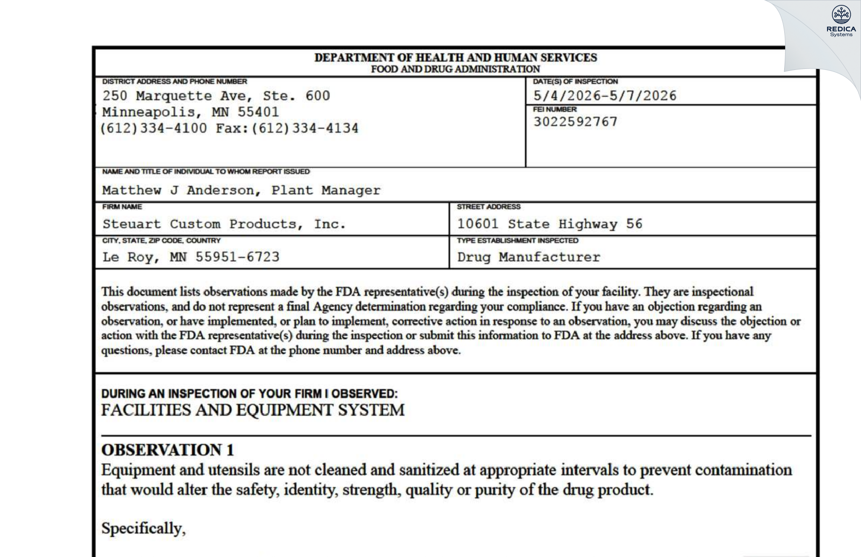 FDA 483 - Steuart Contract Packaging [Le Roy / United States of America] - Download PDF - Redica Systems