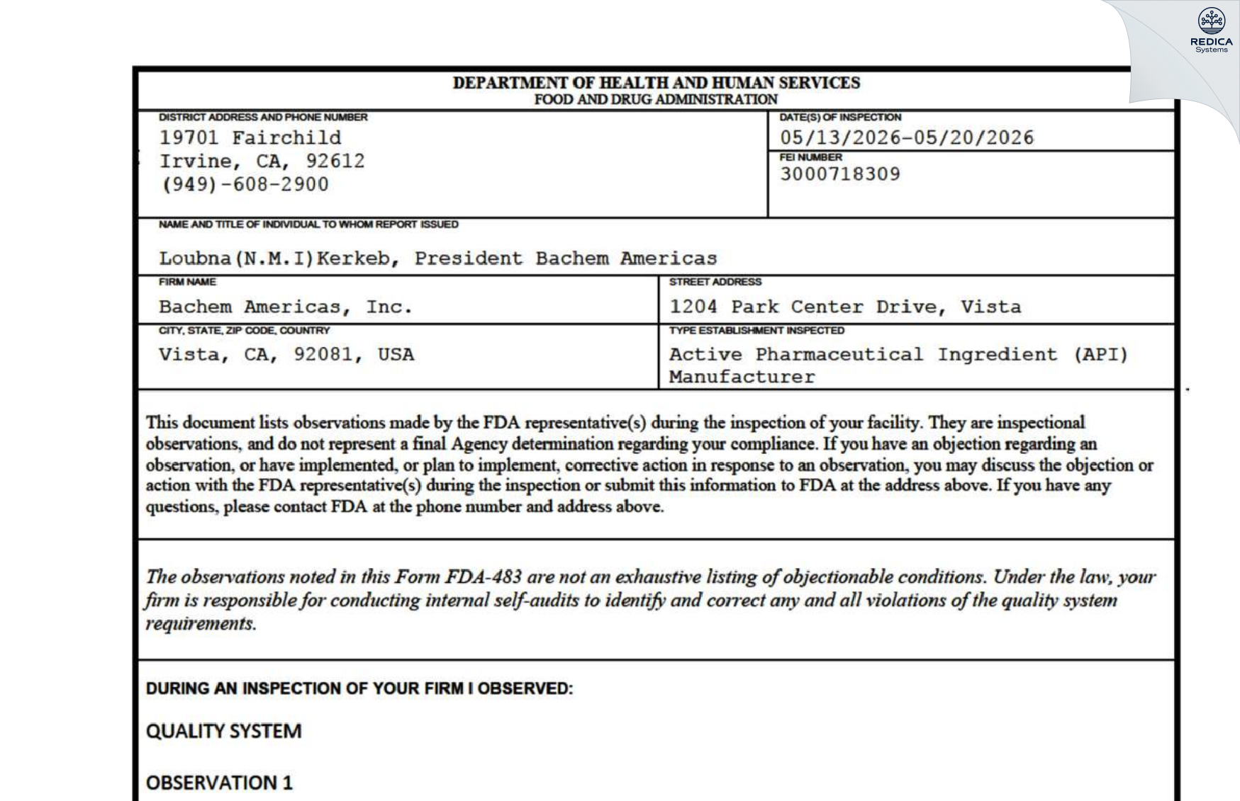 FDA 483 - Bachem Americas, Inc. [Vista / United States of America] - Download PDF - Redica Systems