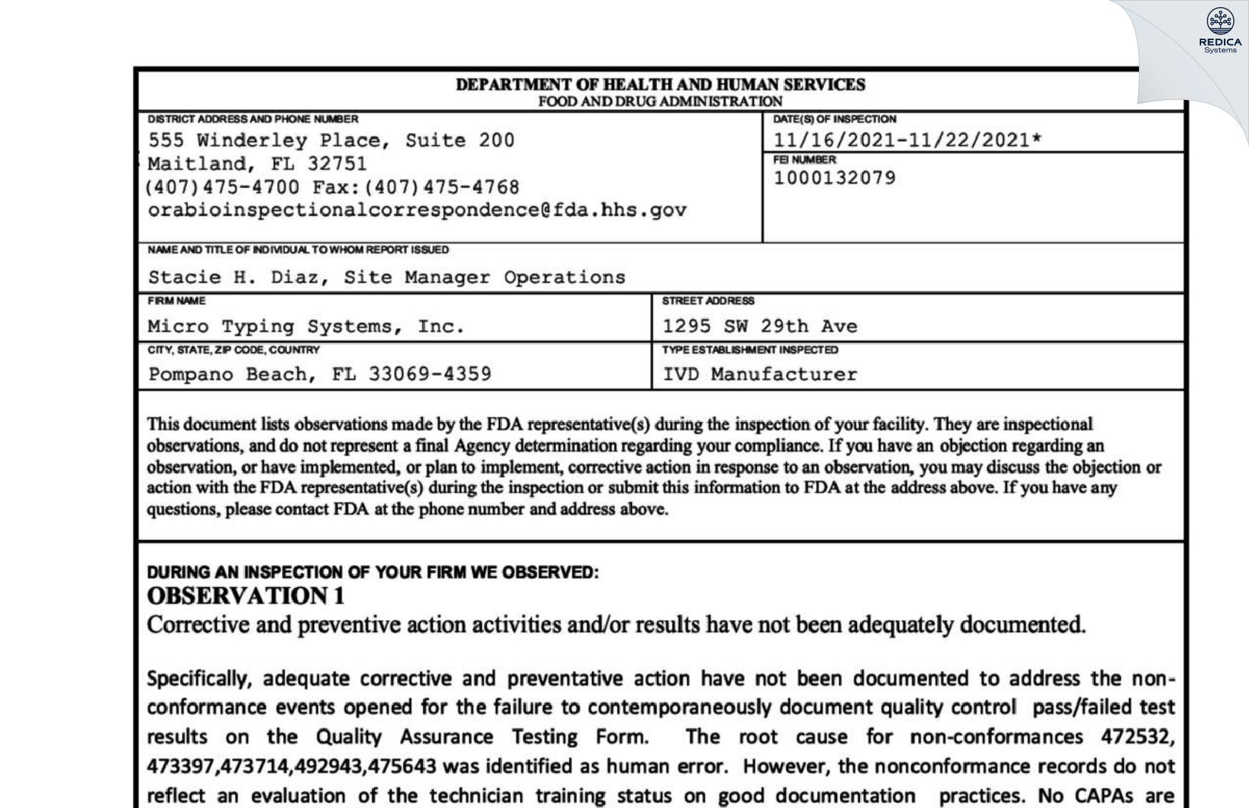 FDA 483 - Micro Typing Systems, Inc. [Pompano Beach / United States of America] - Download PDF - Redica Systems