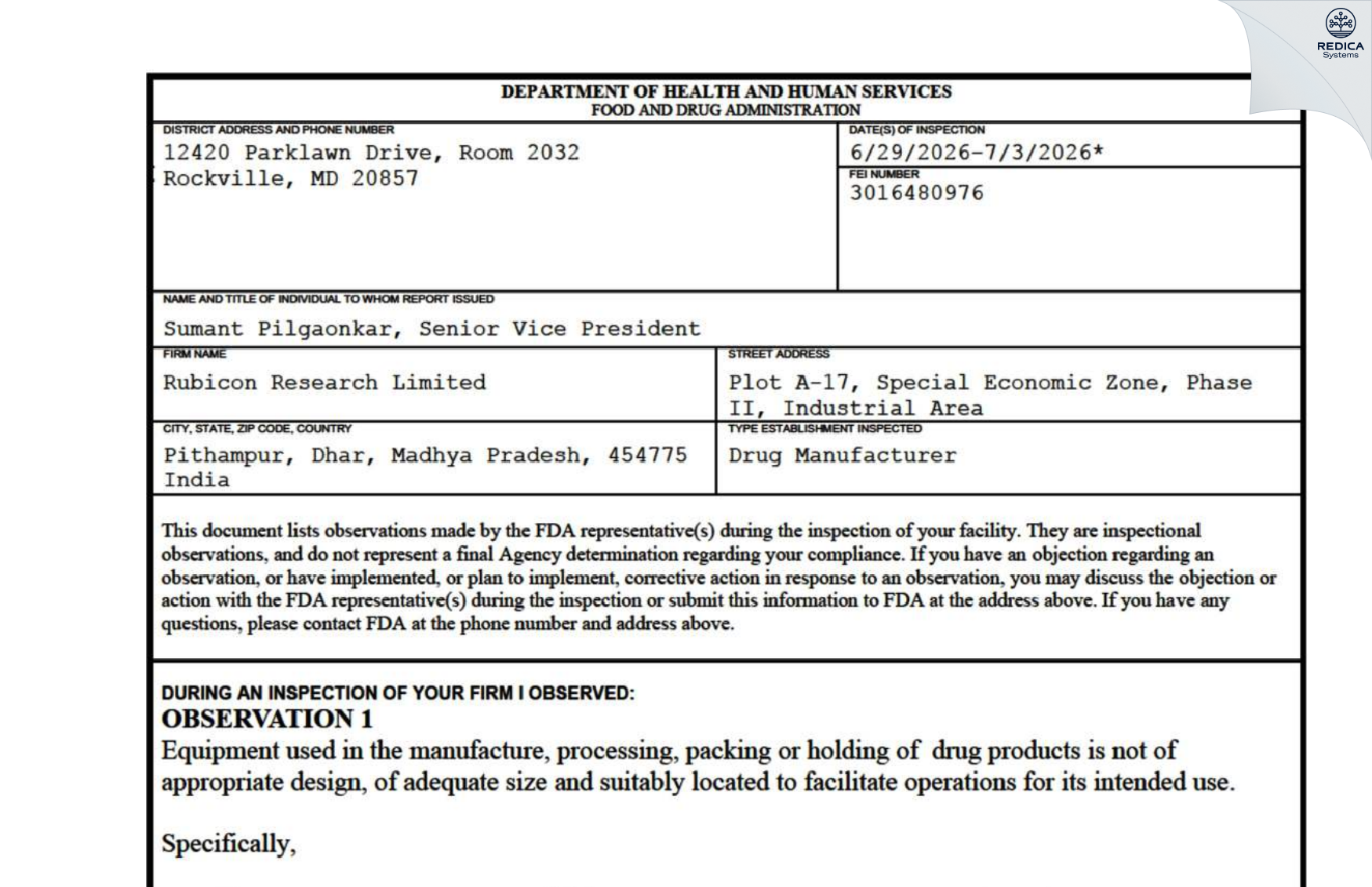 FDA 483 - Alkem Laboratories Limited [Dhar Sub-District / India] - Download PDF - Redica Systems