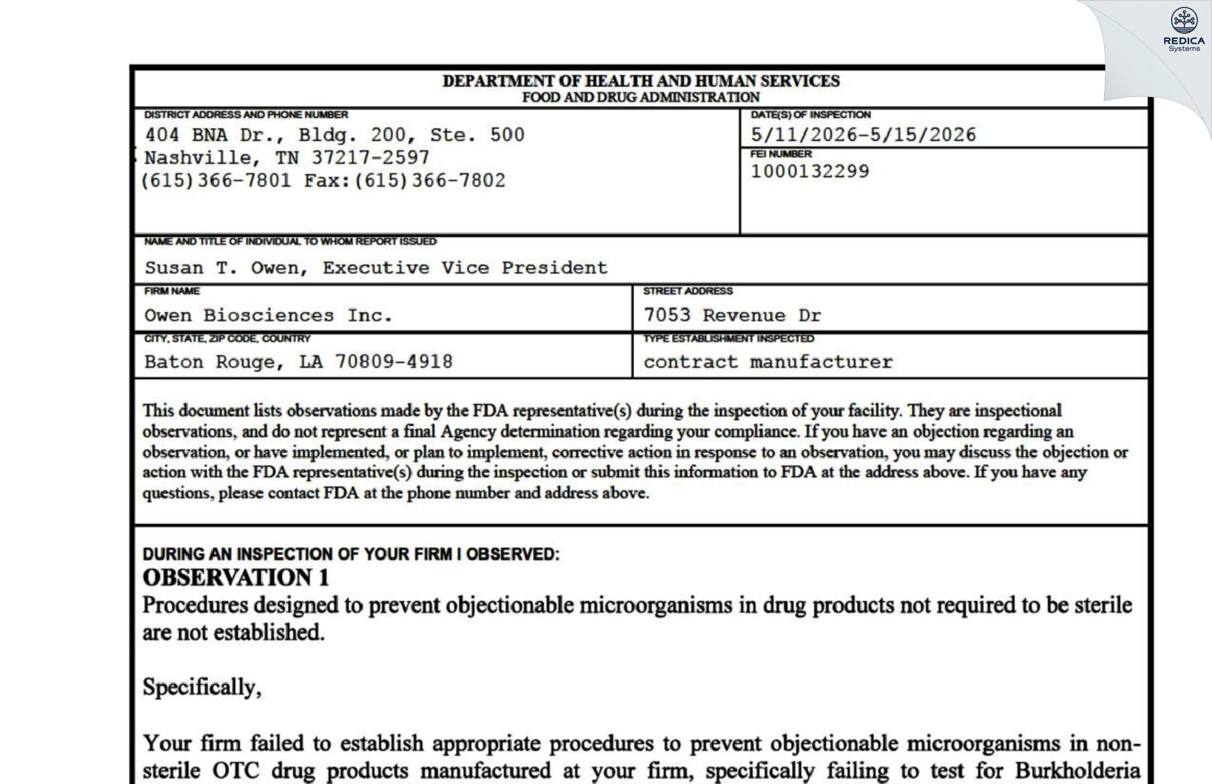 FDA 483 - Owen Biosciences Inc [Baton Rouge / United States of America] - Download PDF - Redica Systems