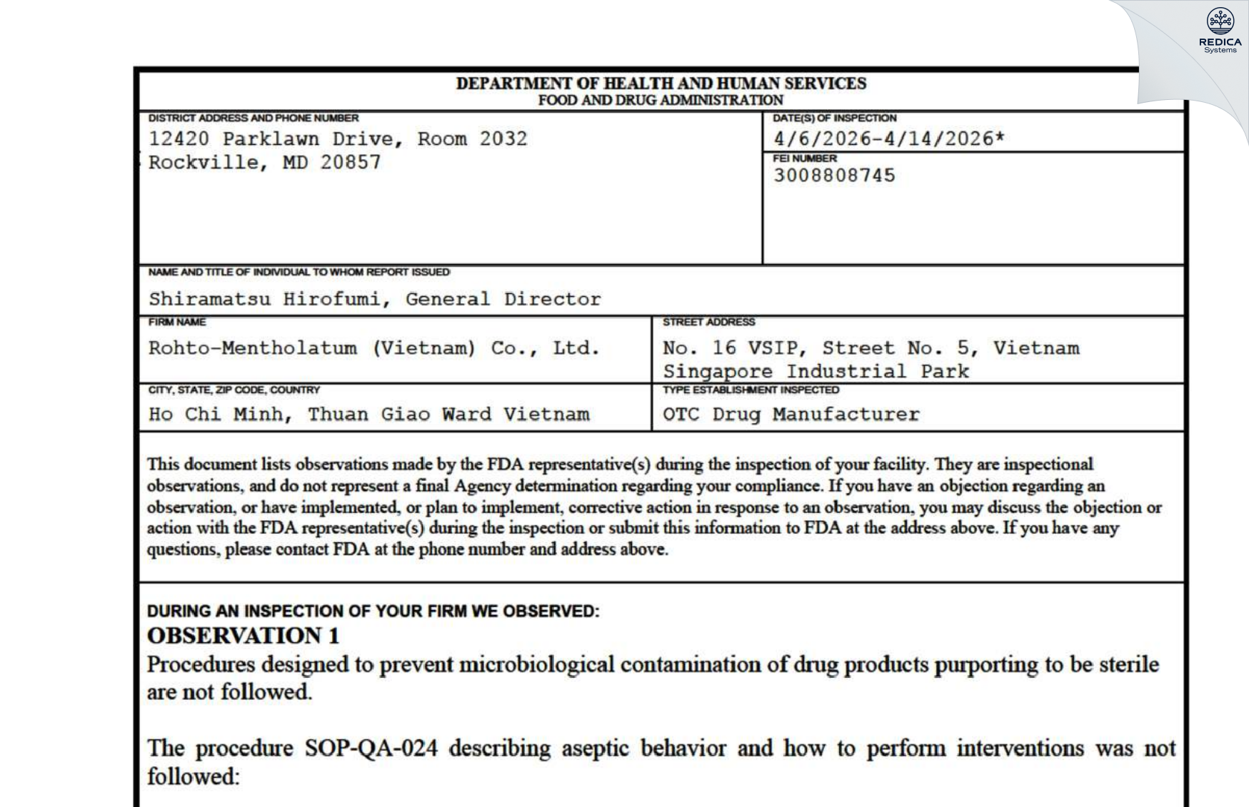 FDA 483 - Rohto-Mentholatum (Vietnam) Co., Ltd. [H? Chí Minh / Vietnam] - Download PDF - Redica Systems