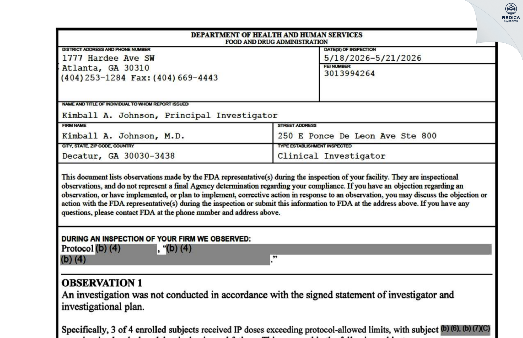 FDA 483 - Kimball A. Johnson, M.D. [Decatur / United States of America] - Download PDF - Redica Systems