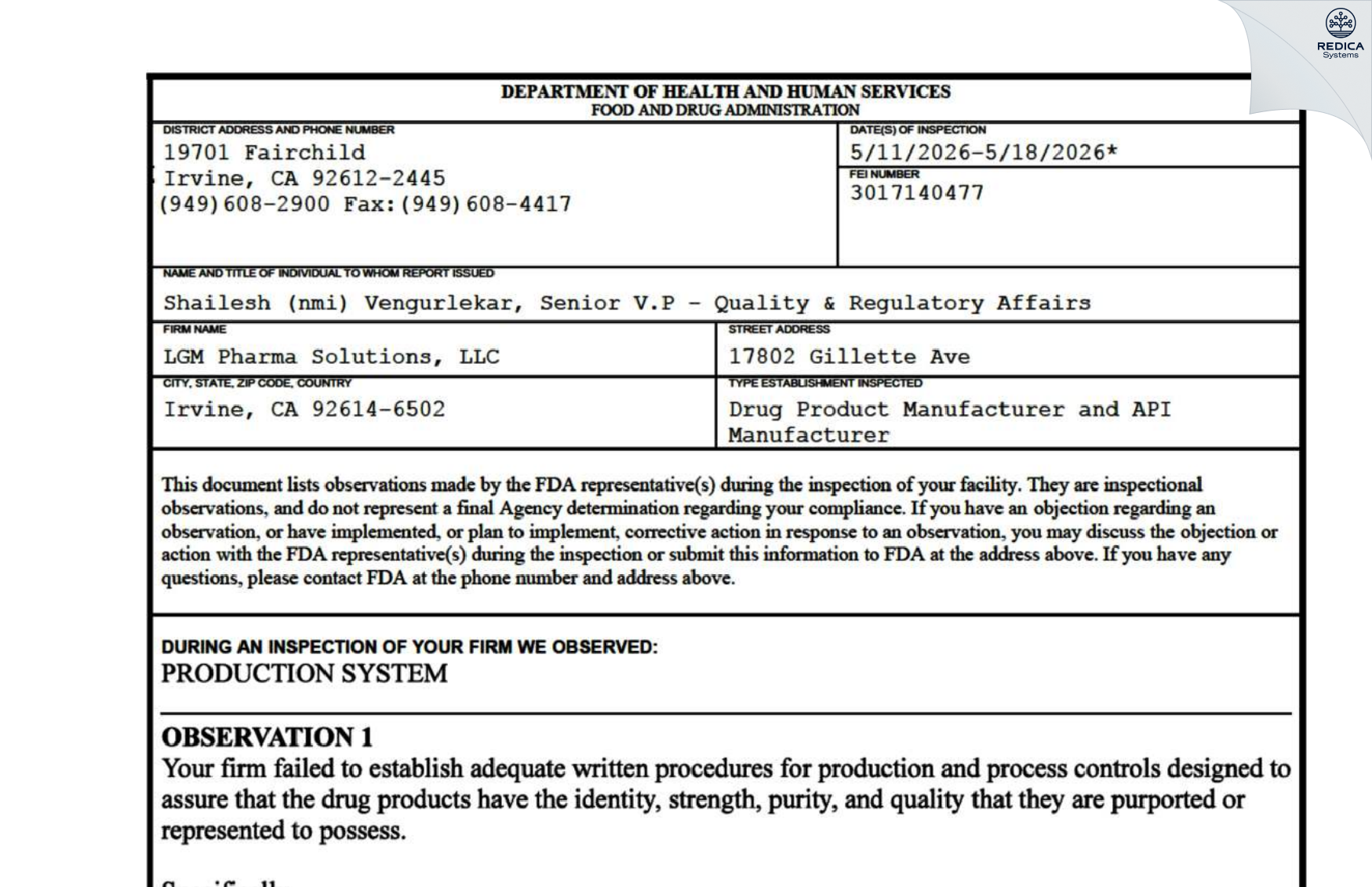 FDA 483 - LGM Pharma Solutions, LLC [Irvine / United States of America] - Download PDF - Redica Systems
