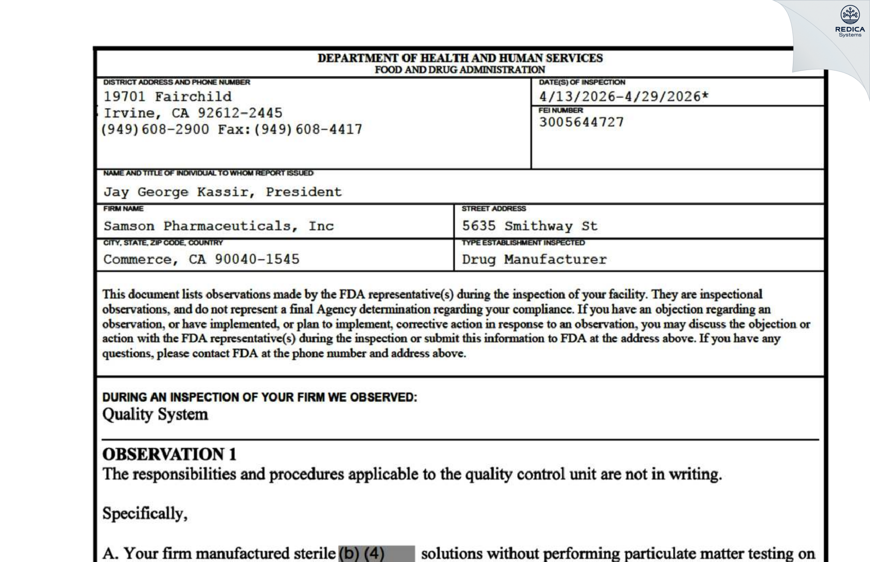 FDA 483 - Samson Pharmaceuticals, Inc. [Commerce / United States of America] - Download PDF - Redica Systems