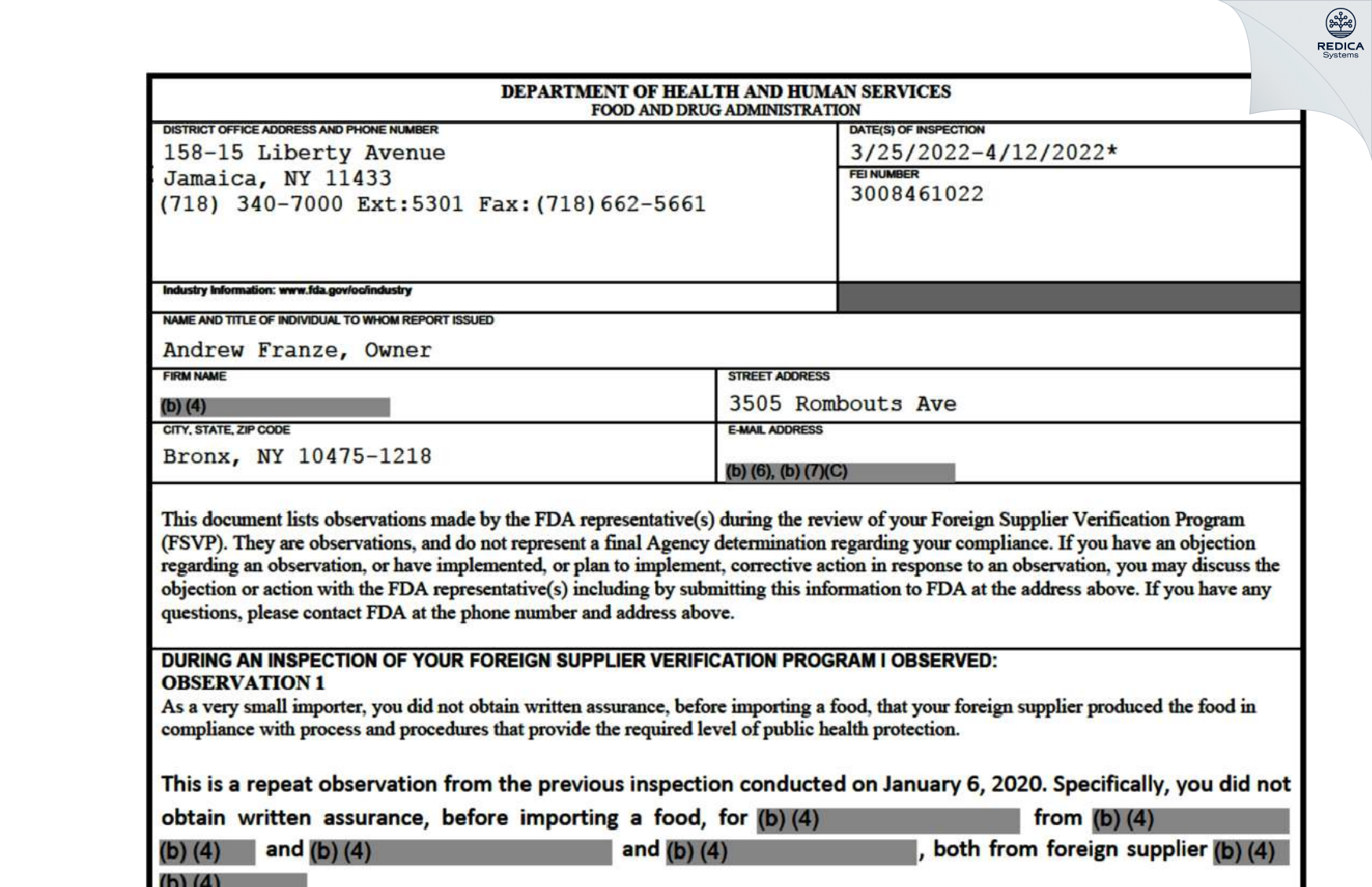 FDA 483 - Pigeon Feeds Inc. [Bronx / United States of America] - Download PDF - Redica Systems