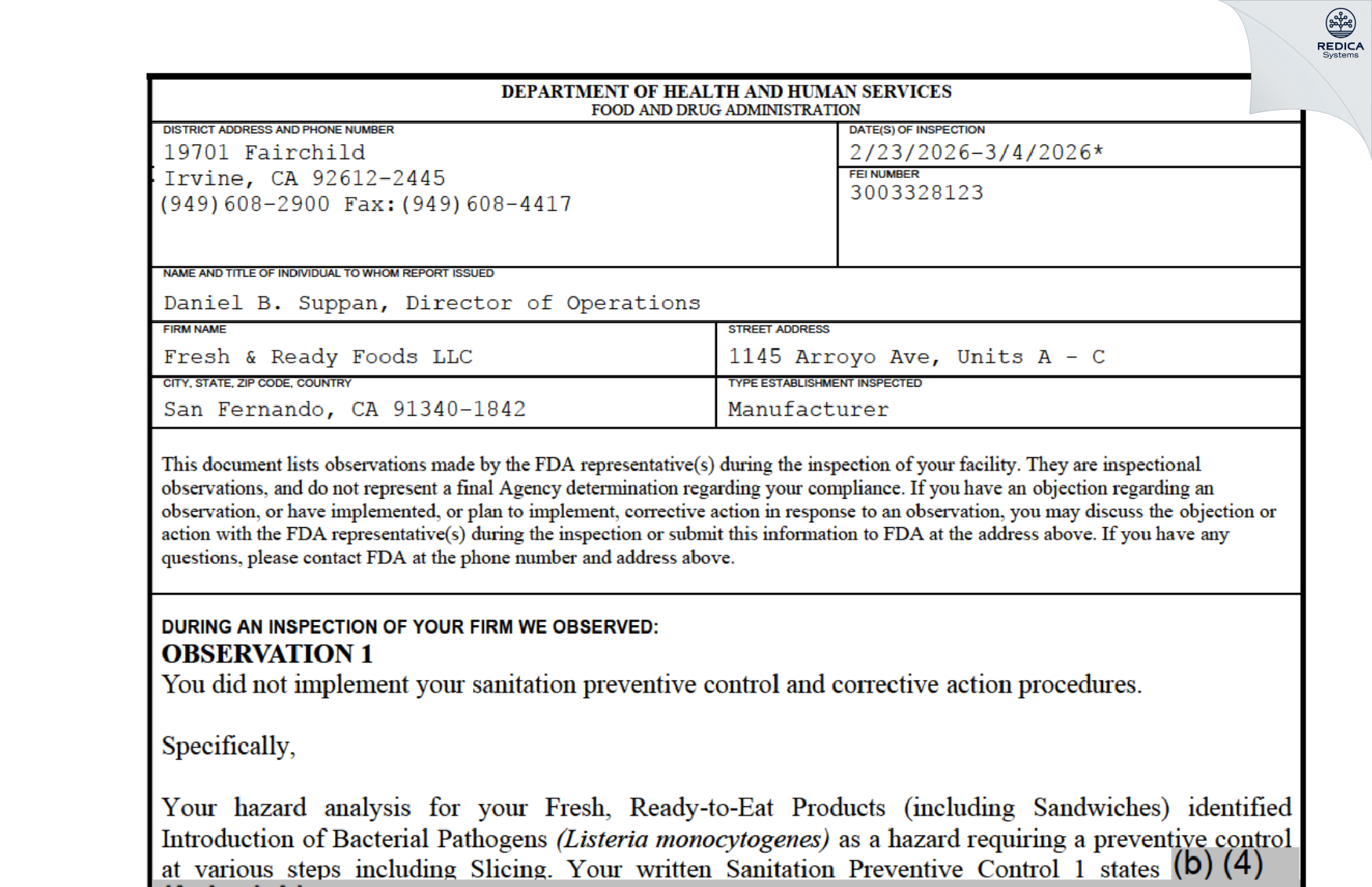 FDA 483 - Fresh & Ready Foods LLC [San Fernando / United States of America] - Download PDF - Redica Systems