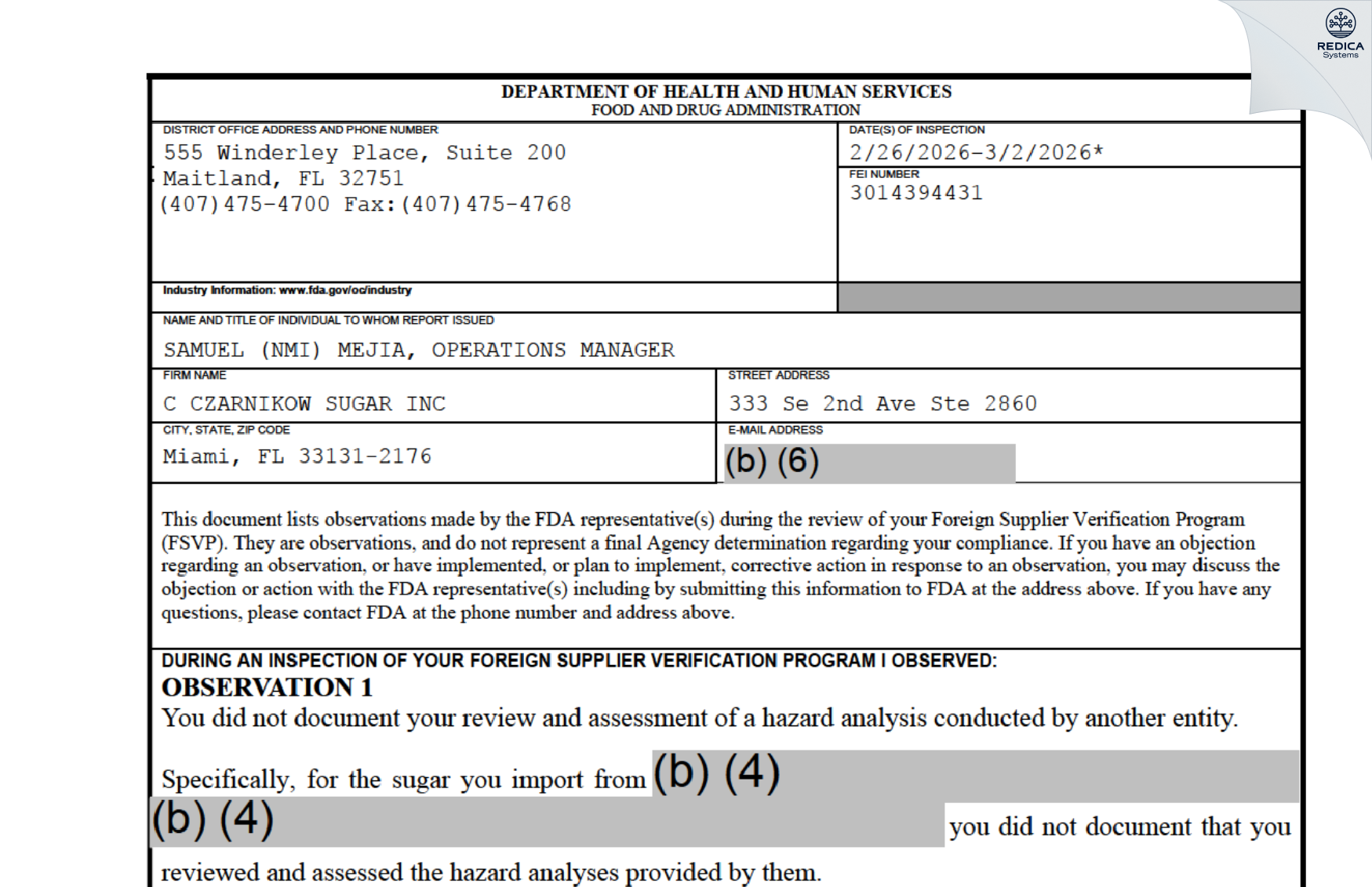FDA 483 - C CZARNIKOW SUGAR INC [Miami / United States of America] - Download PDF - Redica Systems