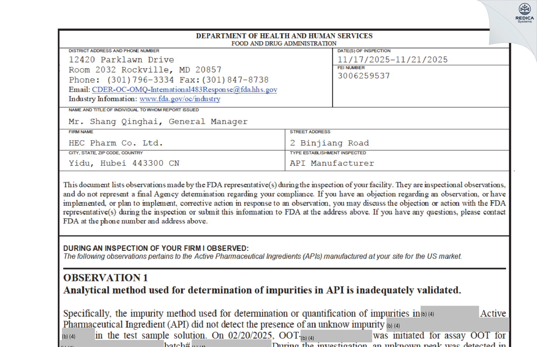 FDA 483 - HEC PHARM CO., LTD [Yichang / China] - Download PDF - Redica Systems