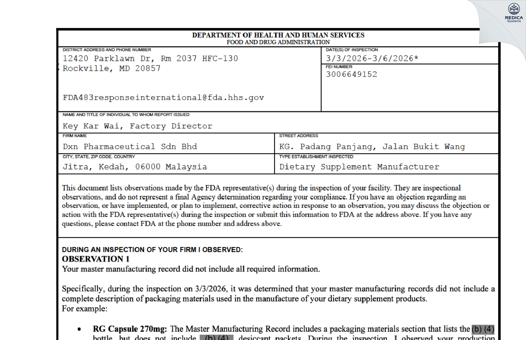FDA 483 - Dxn Pharmaceutical Sdn Bhd [Malau / Malaysia] - Download PDF - Redica Systems