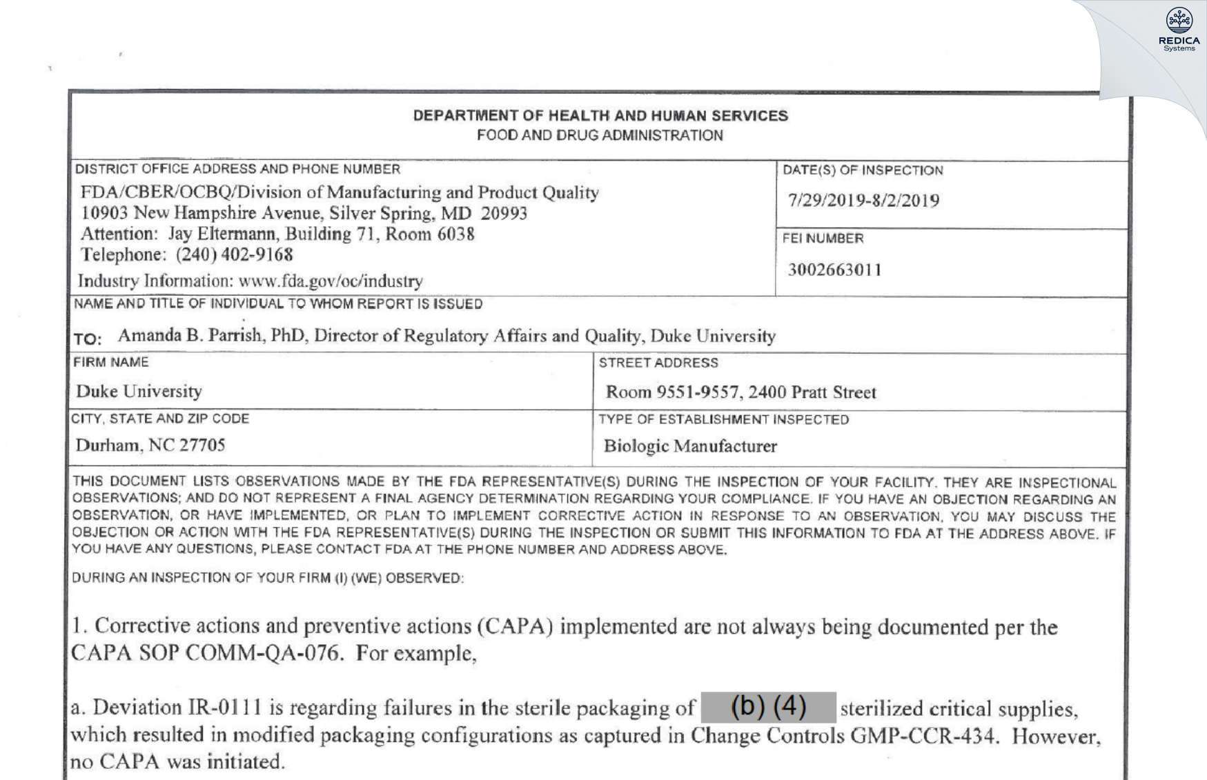 FDA 483 - Carolinas Cord Blood Bank [Durham / United States of America] - Download PDF - Redica Systems