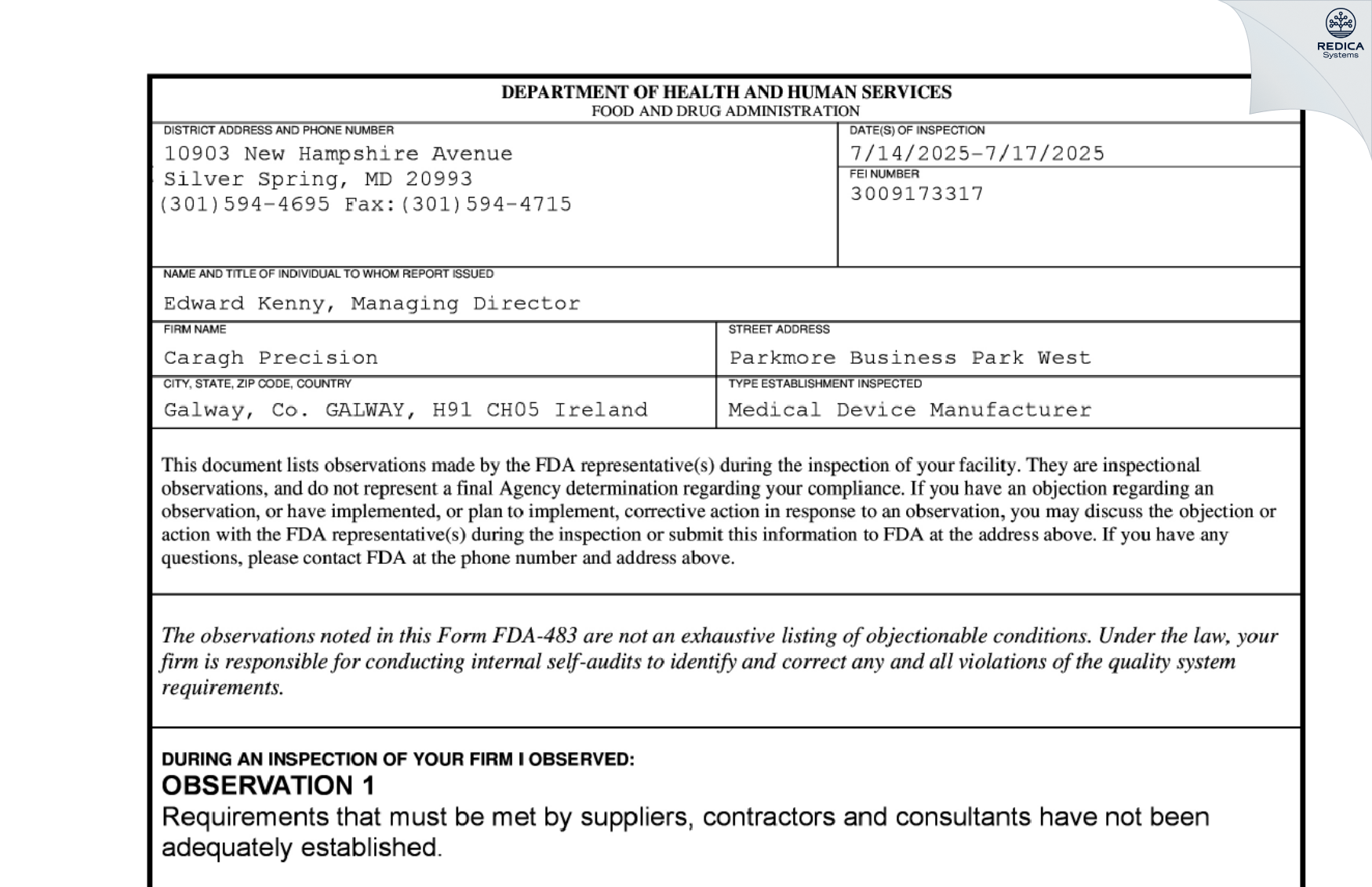 FDA 483 - Caragh Precision [Galway / Ireland] - Download PDF - Redica Systems
