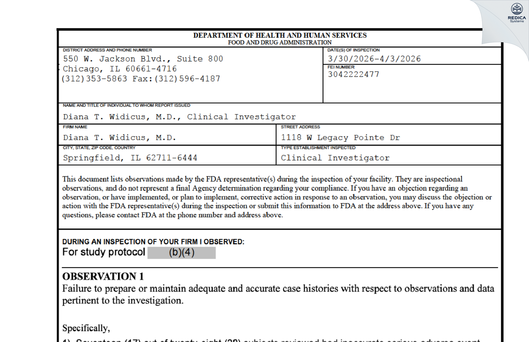 FDA 483 - Diana T. Widicus, M.D. [Springfield / United States of America] - Download PDF - Redica Systems