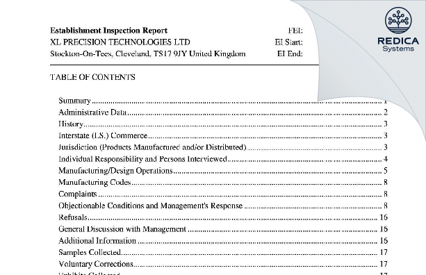 EIR - XL PRECISION TECHNOLOGIES LTD [Stockton-On-Tees / United Kingdom of Great Britain and Northern Ireland] - Download PDF - Redica Systems
