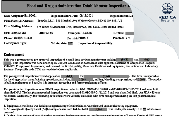 EIR - SpecGx LLC [Saint Louis / United States of America] - Download PDF - Redica Systems