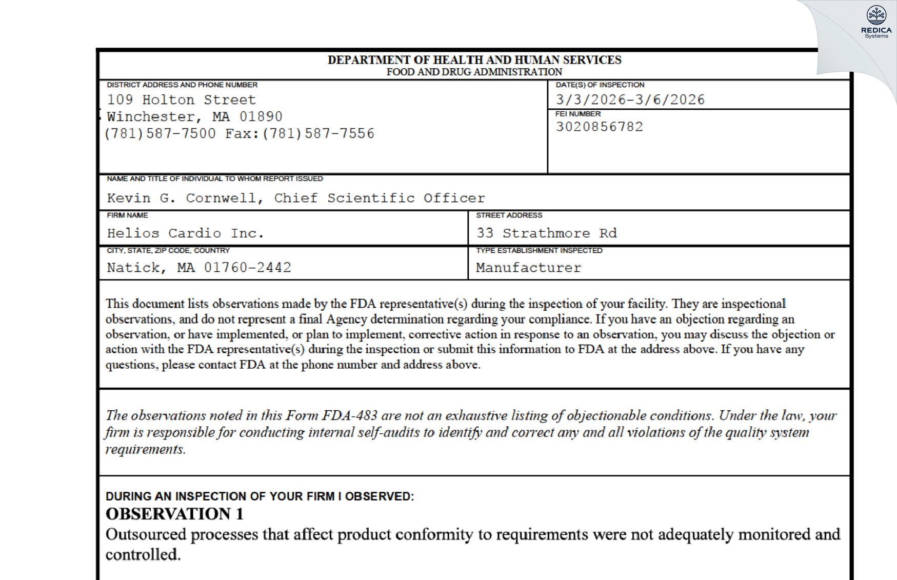 FDA 483 - HELIOS CARDIO INC. [Weston / United States of America] - Download PDF - Redica Systems