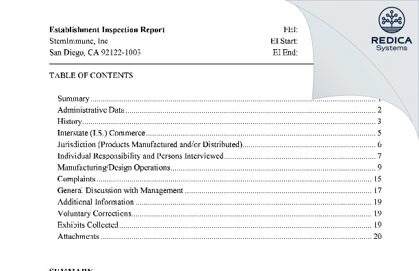 EIR - StemImmune, Inc [San Diego / United States of America] - Download PDF - Redica Systems