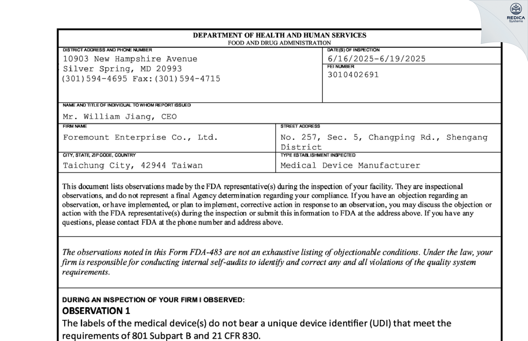 FDA 483 - FOREMOUNT ENTERPRISE CO., LTD. [Shengang District / Taiwan] - Download PDF - Redica Systems