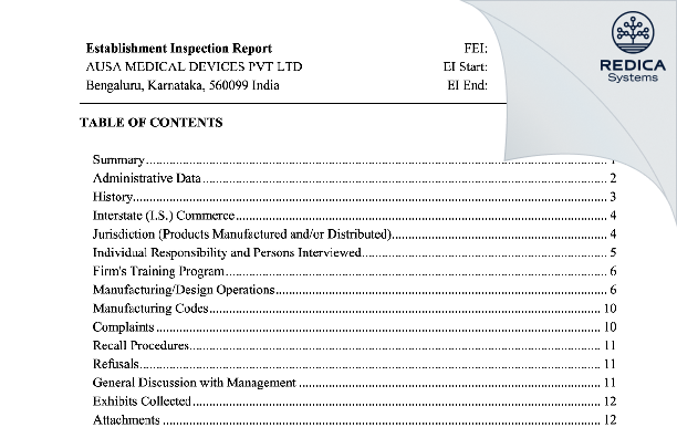 EIR - AUSA MEDICAL DEVICES PVT LTD [Bengaluru / India] - Download PDF - Redica Systems